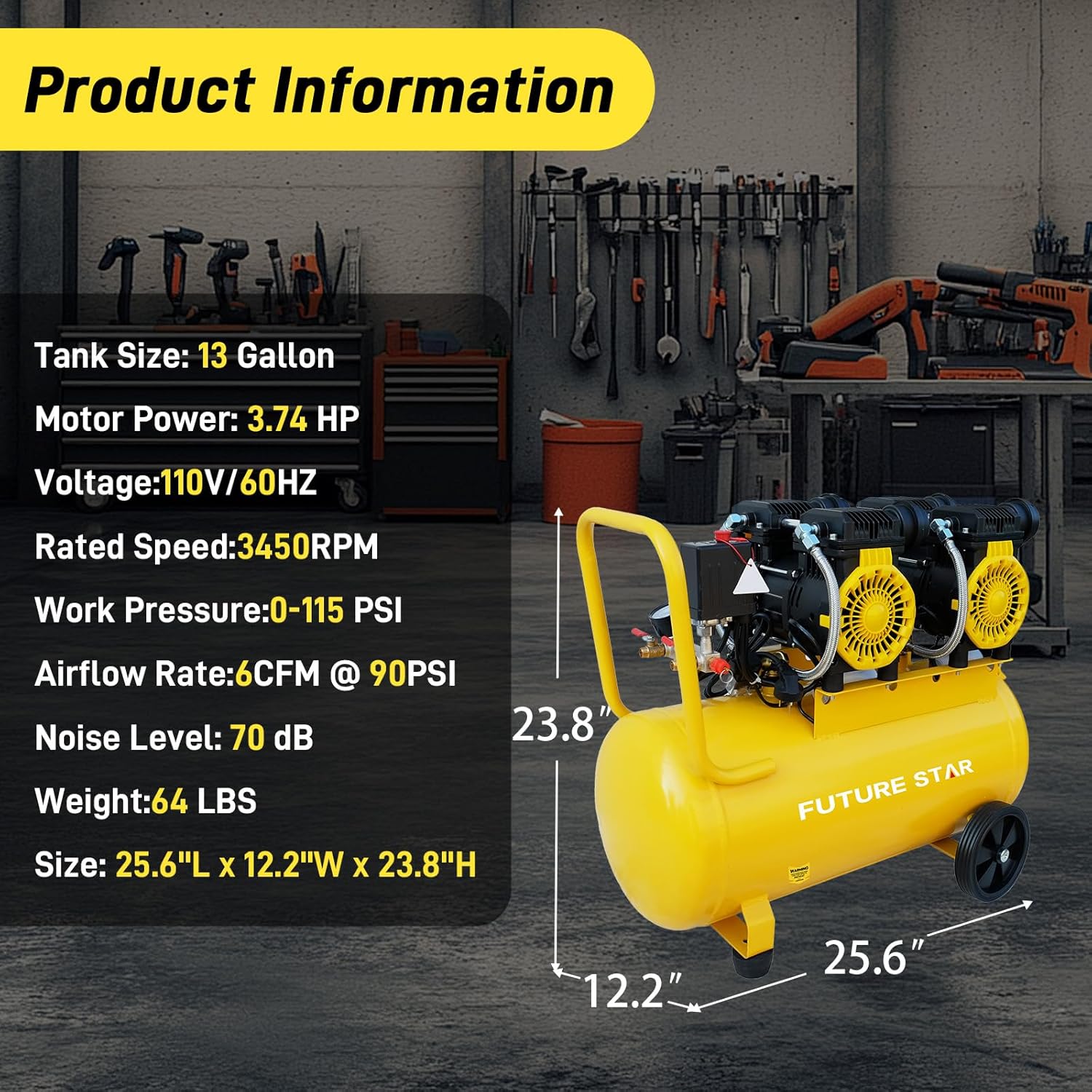 13 Gallon Ultra Quiet Air Compressor with Wheels, Oil-Free Portable Horizontal Tank, 70dB 3.74HP 6CFM 115PSI, for Auto Repair, Tire Inflation, Spray Painting, Woodwork Nailing