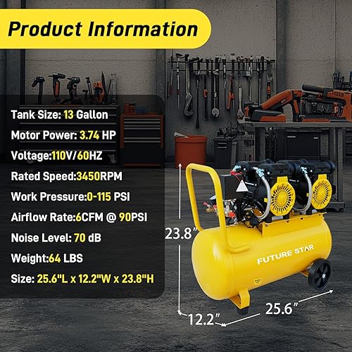 Miniatura 2 de Compresor de aire de 13 galones, 3.7HP 6CFM 115PSI, compresor de aire portátil para inflado, reparación de automóviles, pintura en aerosol, clavado