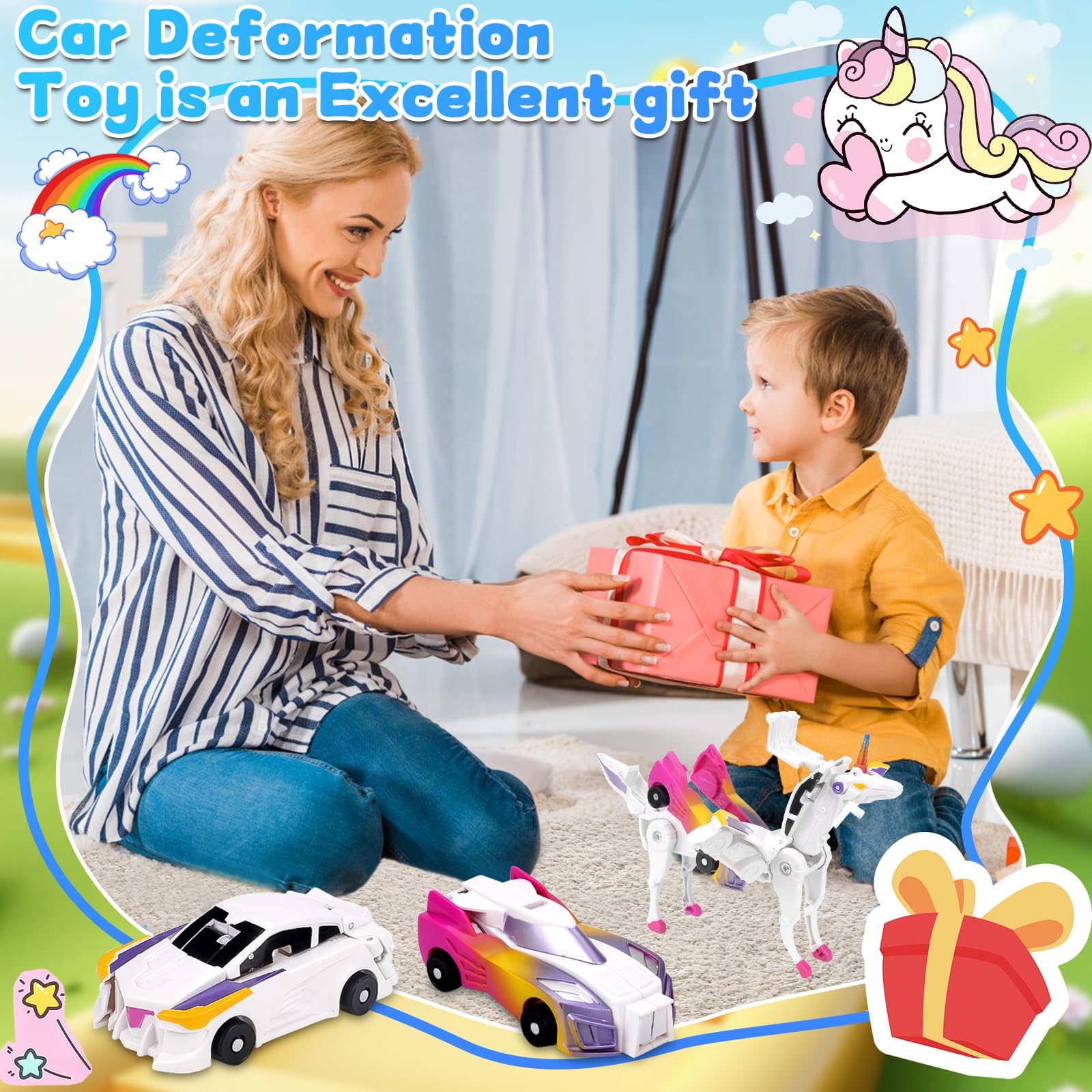 Pipihome Unicorni Robot Trasformatore, Giocattolo Combinato per Auto con Deformazione da Collisione, Anti-Collisione (Pink)