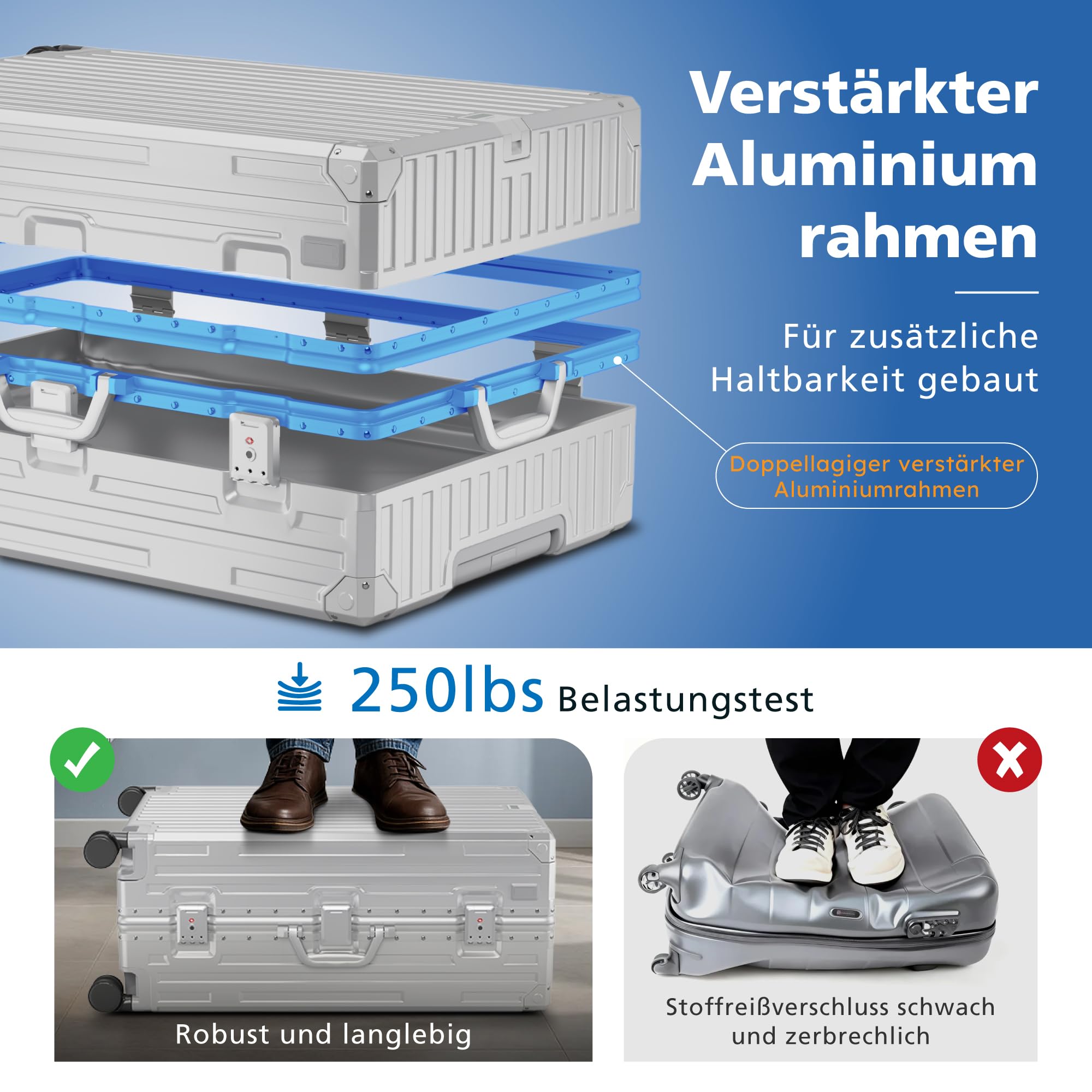 ALPHA CAMP Koffer Größe XL Reisekoffer Leicht Hartschalenkoffer Polycarbonat 98L Luggage Suitcase mit Rollen TSA Schloss & Aluminium Rahmen Handgepäck 49 * 30 * 76cm Silber