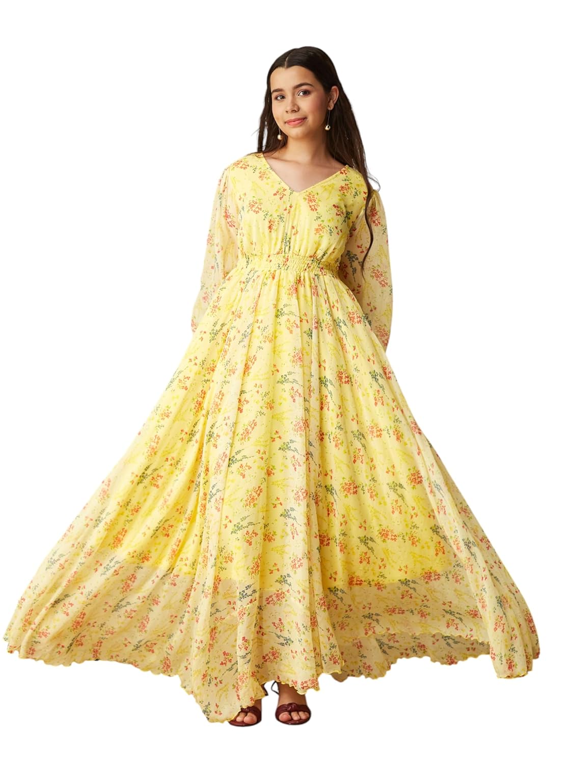 MIZUKI V Neck Bishop Sleeve Floral Chiffon Maxi Dress