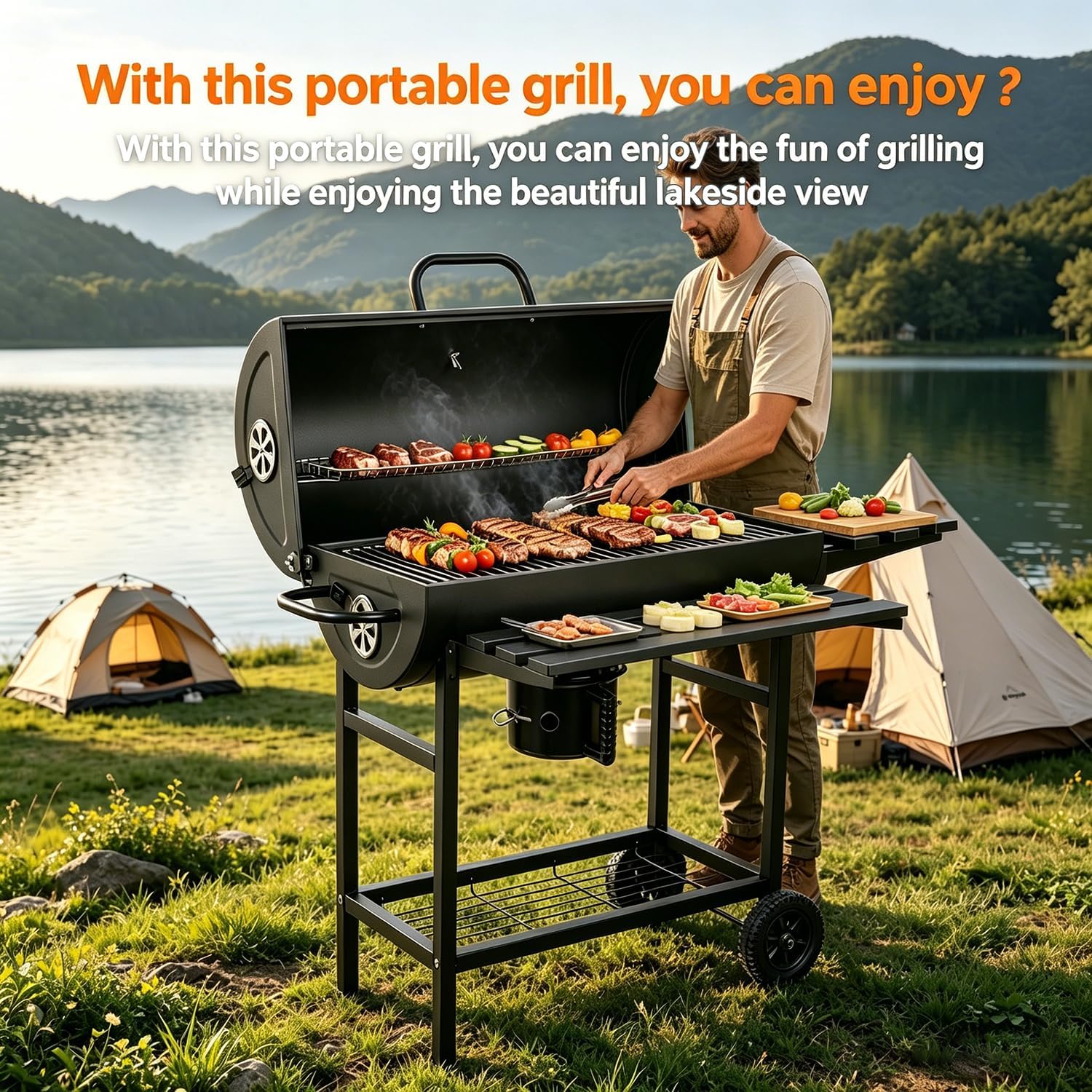 Charcoal Grill: Charcoal Barrel Grill - Large Portable Outdoor Grill with Double Wheel Design, Suitable for Outdoor, Backyard, and Camping Use (Larger)