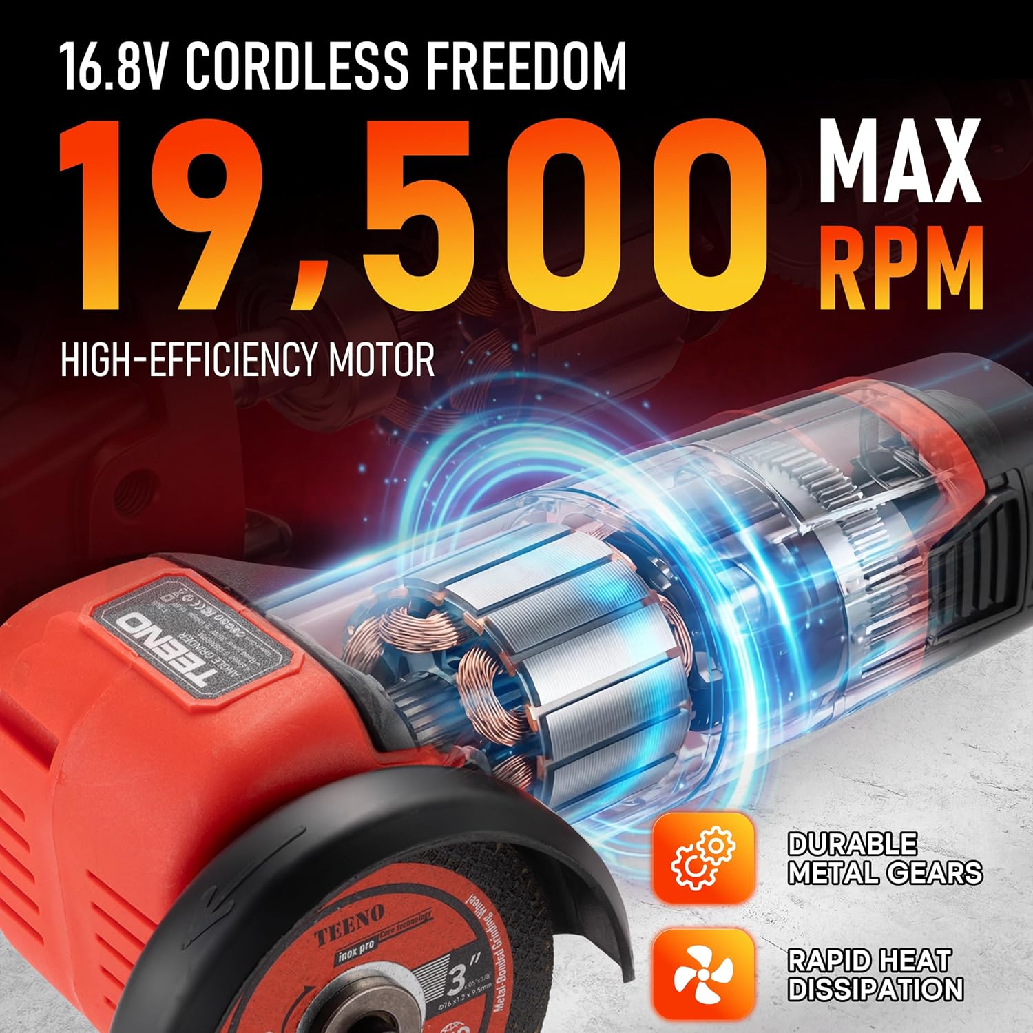 TEENO Cordless Angle Grinder Kit, 19,500 RPM Mini Electric Angle Grinding Tool with 2 pcs 16.8V 2000mAh Batteries and 6 Cutting Discs, 3-Inch Handheld Grinder for Metal/Wood Cutting and Grinding
