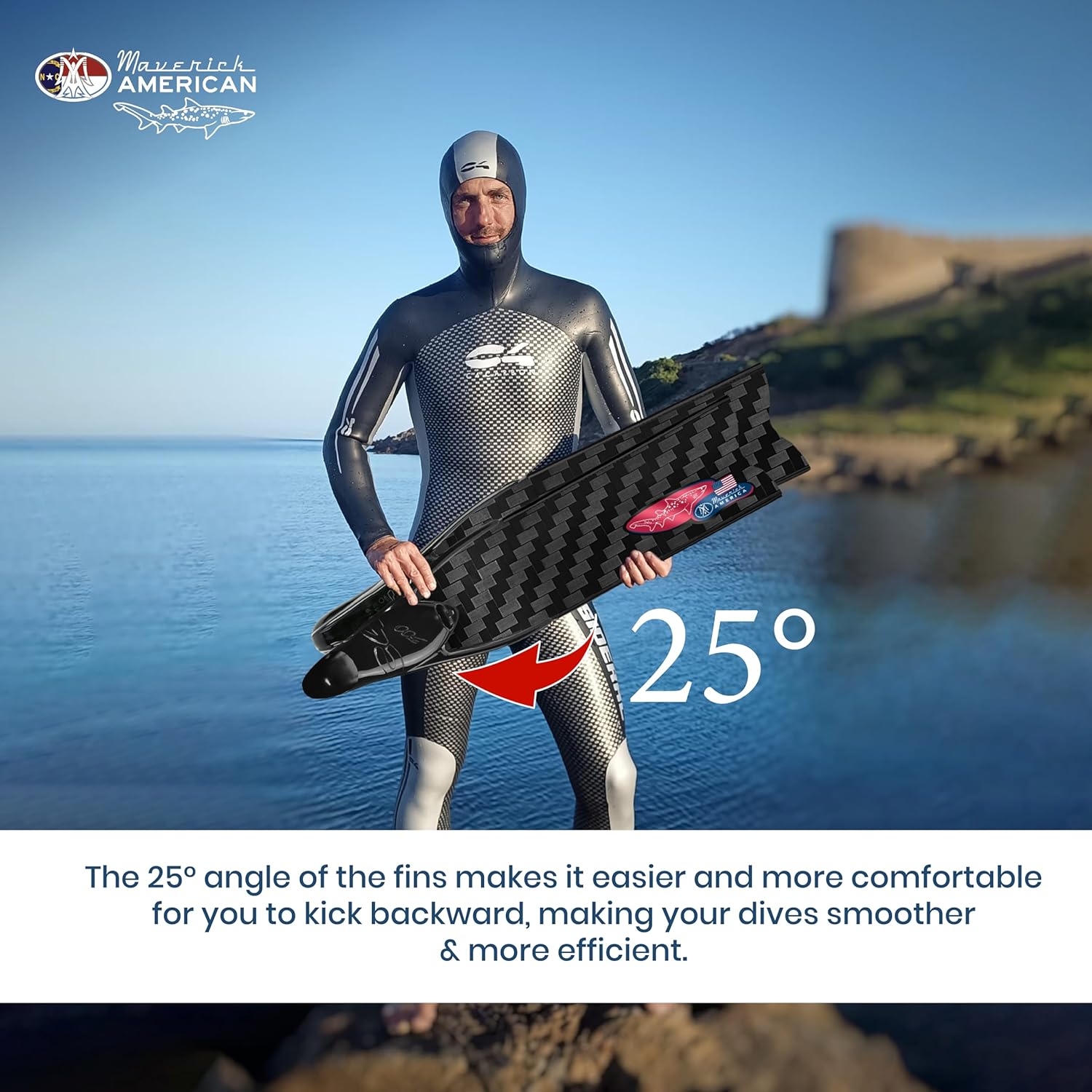 Maverick America DJ Sand Tiger Carbon Freediving, Spearfishing, Scuba Diving Fins | Superlight Carbon Fins, White, 8.5-9