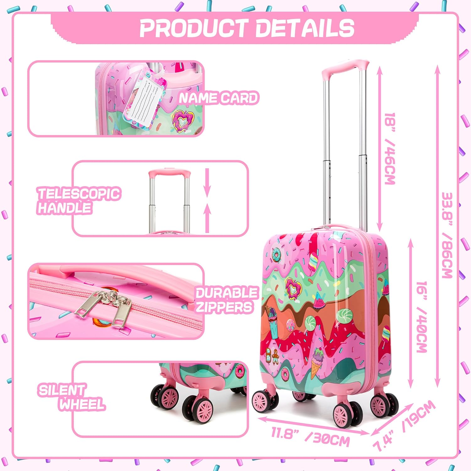Cute Kid’s Luggage Set 5 Piece Suitcase Set 16’’ Hardside Luggage with Spinner Wheels Girls Carry on Toddler Travel Rolling Suitcase Carry on Luggage Airline Approved