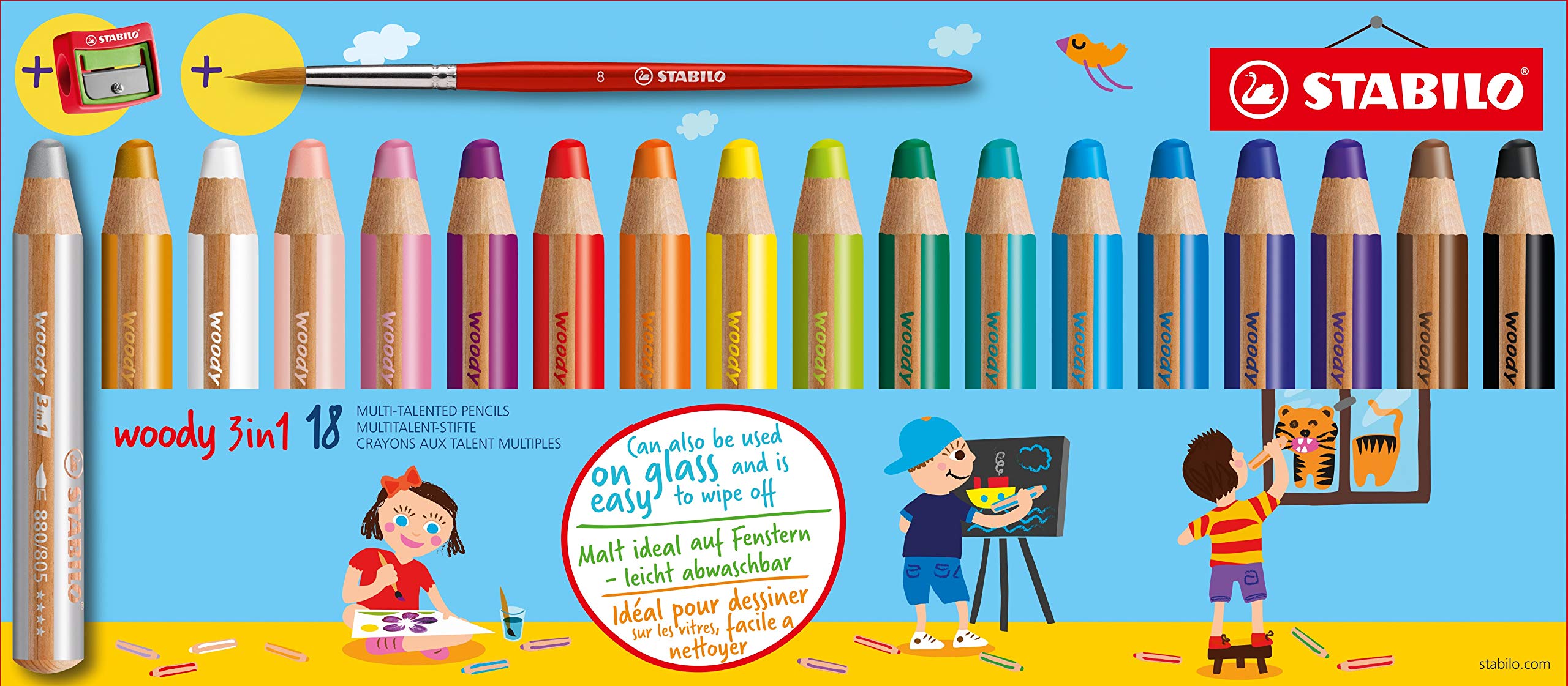 Stabilo Woody Lot de 20 crayons de couleur ronds 3 en 1 en bois multi-talents (20 crayons avec pinceau et taille-crayon, assortiment de 18 + 2 couleurs)