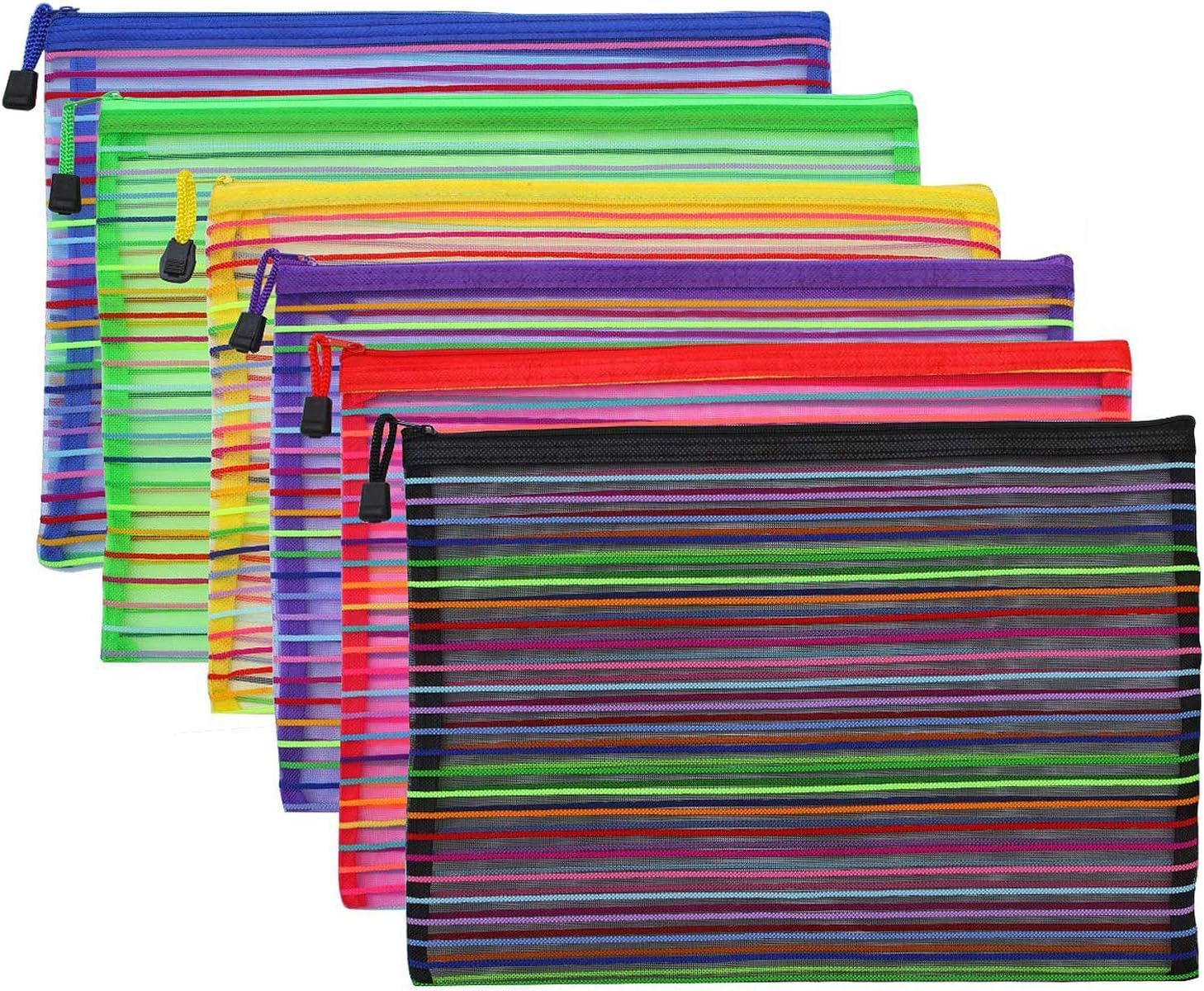 Zipper Mesh Pouch, 6 Pcs 6 Colors 9.8"x 7" Document Bag Zipper File Bags Storage Pouch for Travel Cosmetics Makeup, Offices Supplies, Travel Accessories
