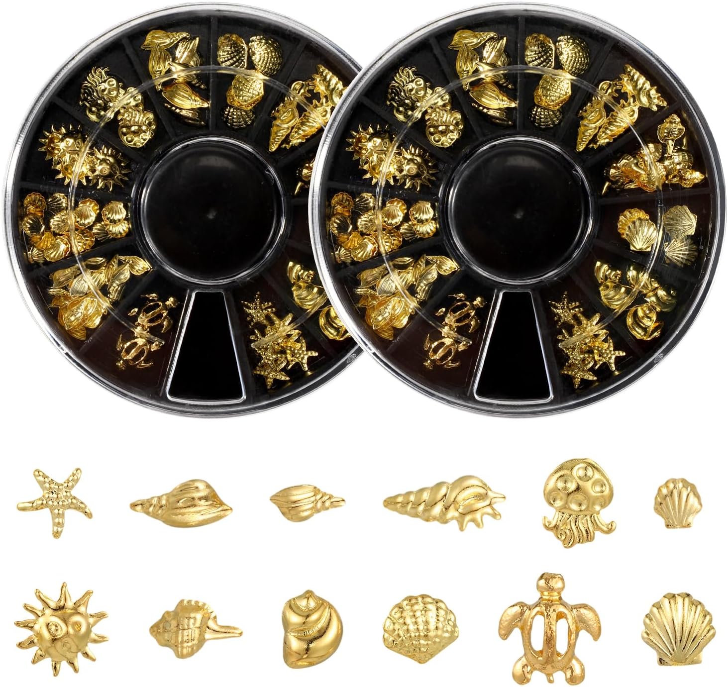 2pcs Discs Seashell Nail Charms, Gold Sea Shell 3D Metal Beach Ocean Nail Gem Decoration Starfish Manicure Art Stickers for Scrapbook Crafts Accessores (12 Styles)