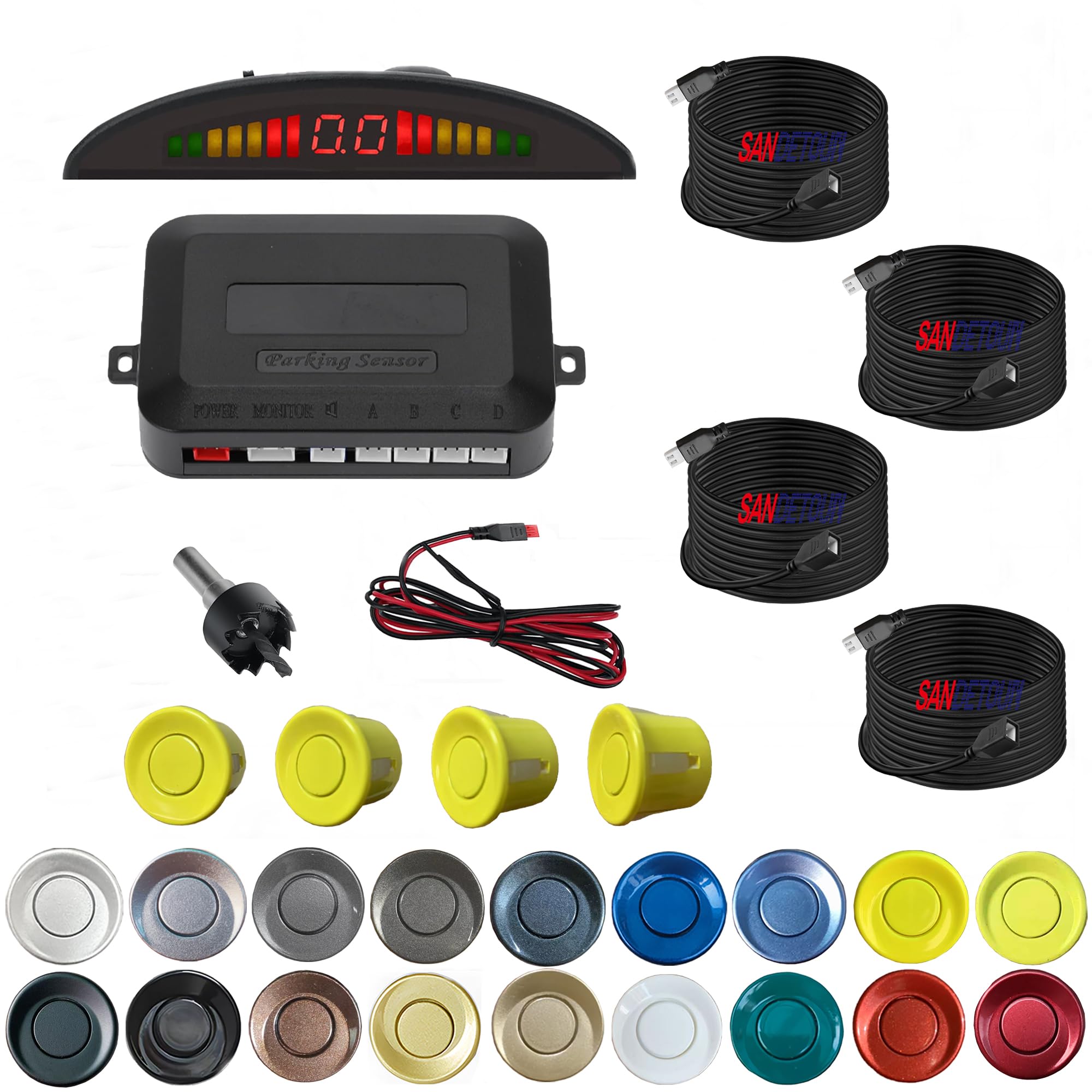 Parking Sensor Kit Backup Sensor Kit Reverse Sensor for Pickup &amp; Extended Vehicles - 4 x 2.3m Sensors + 4 x 4.5m Extension Cables, 24V Compatible (Voltage Reducer Sold Separately) Yellow