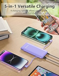 Metecsmart Portable Charger Power Bank with Built-in Cable & AC Plug, 10000mAh Fast USB-C Charger, Slim Mini Battery for iPhone 16/15/14/13/Pro/Max & All USB-C Devices