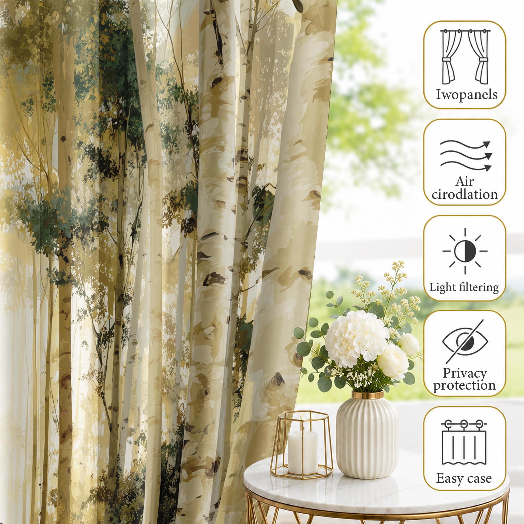 Rideau Occultant Forêts Rideaux Thermiques Forêt de Bouleau pour Salon Chambre, Lot de 2 Rideaux et Draperies Intérieurs à Oeillets, 140x220 cm (LxH)