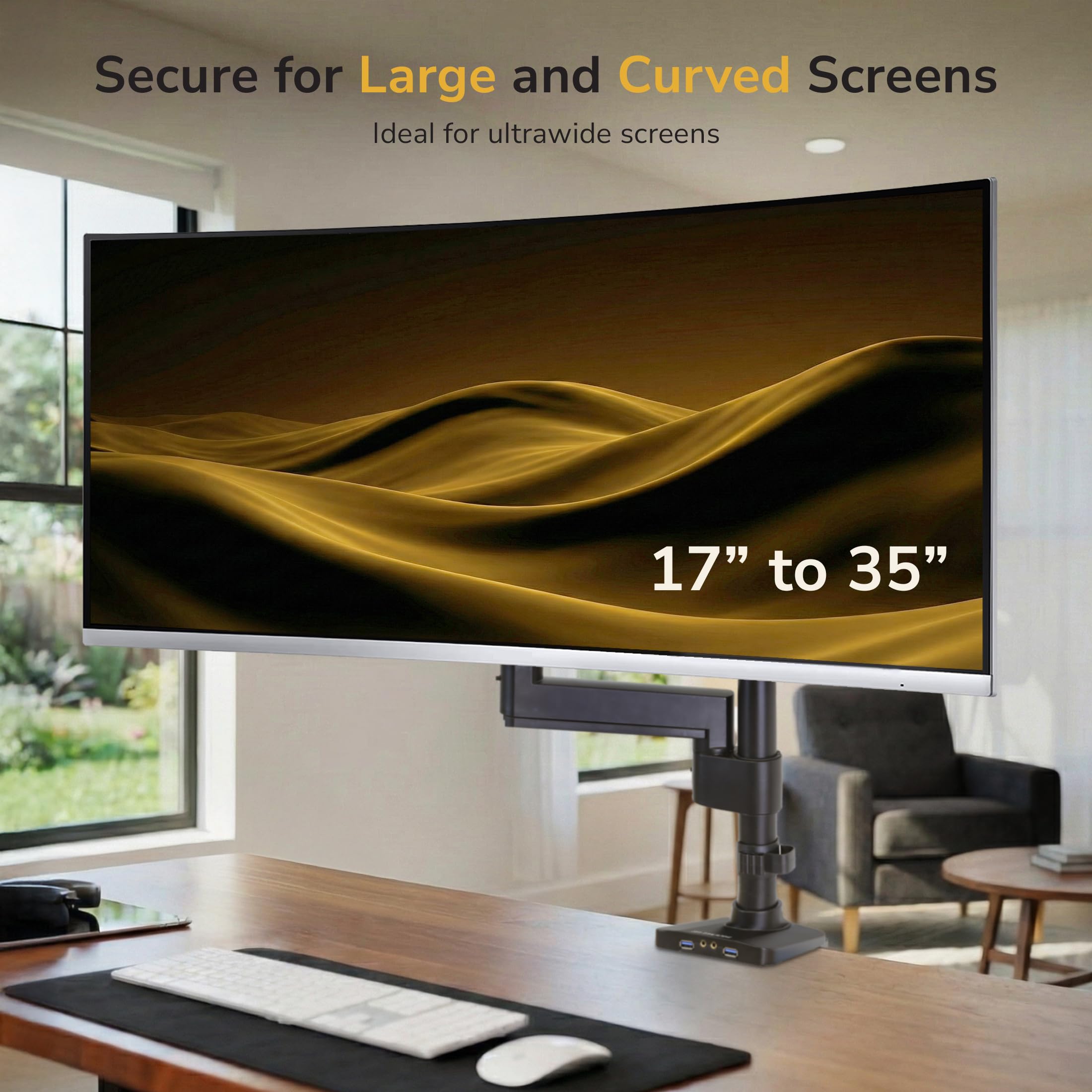 Mount-It! Ultrawide uchwyt biurkowy na monitor, pojedynczy uchwyt na monitor do ciężkich monitorów do 35 cali i 15 kg, kompatybilny z VESA 100, 200 mm, ramię sprężynowe z regulacją wysokości, 2 x USB