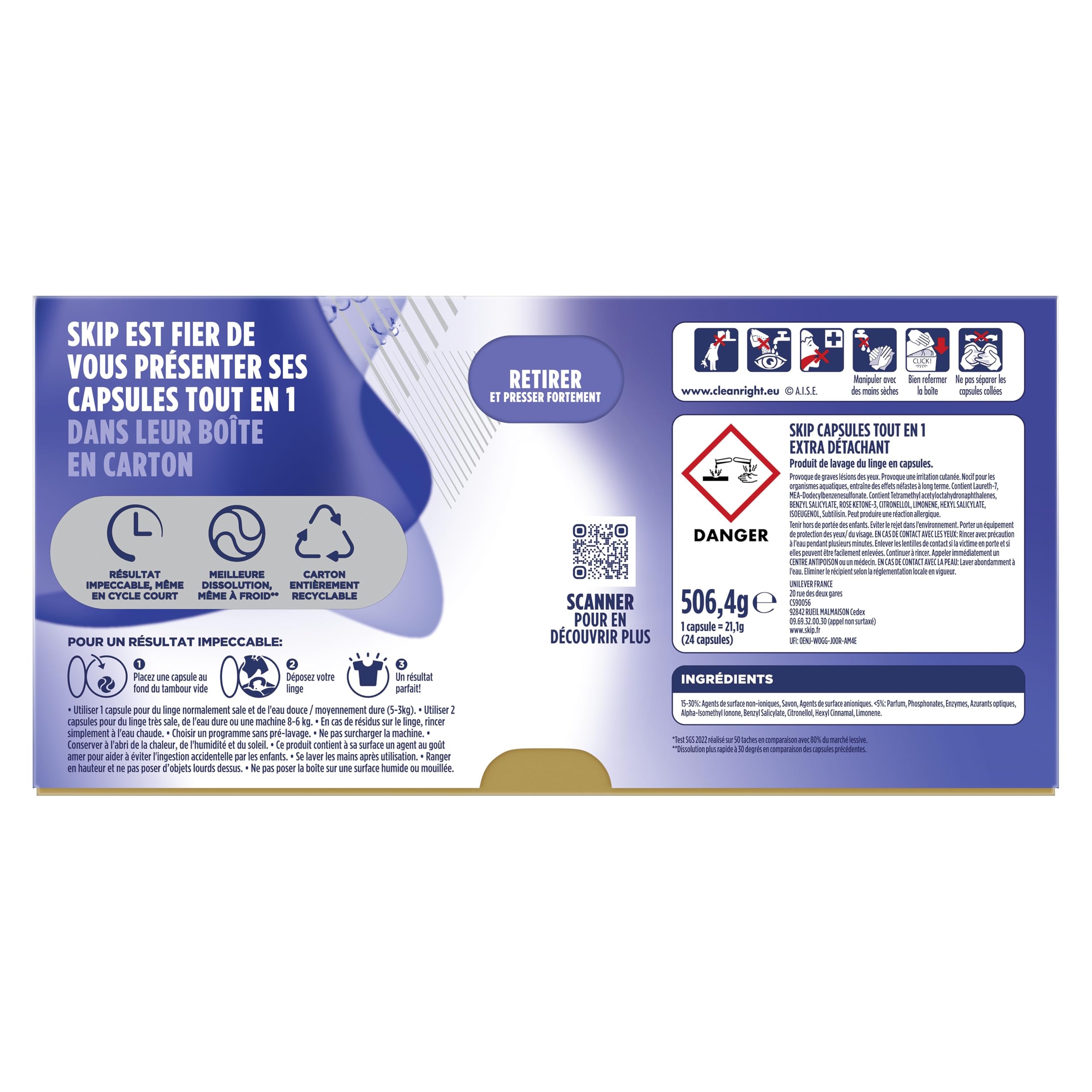 Skip Capsules Lessive Tout en 1 Extra Détachant, 72 Lavages | Élimine 50 taches tenaces, efficace en cycle court et à froid, formule concentrée pour un linge propre