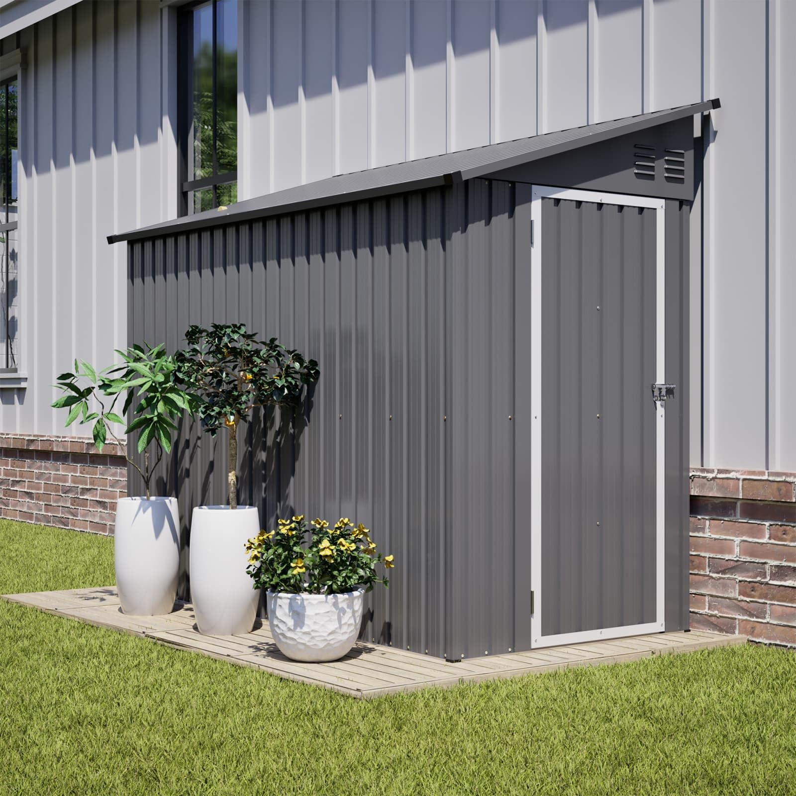 Sweiko Abri de Jardin métallique 4x8 Pieds avec Porte verrouillable, Remise Outil avec 2 aérations et Toit incliné, Cabane Rangement Exterieur pour Outils (Grey)