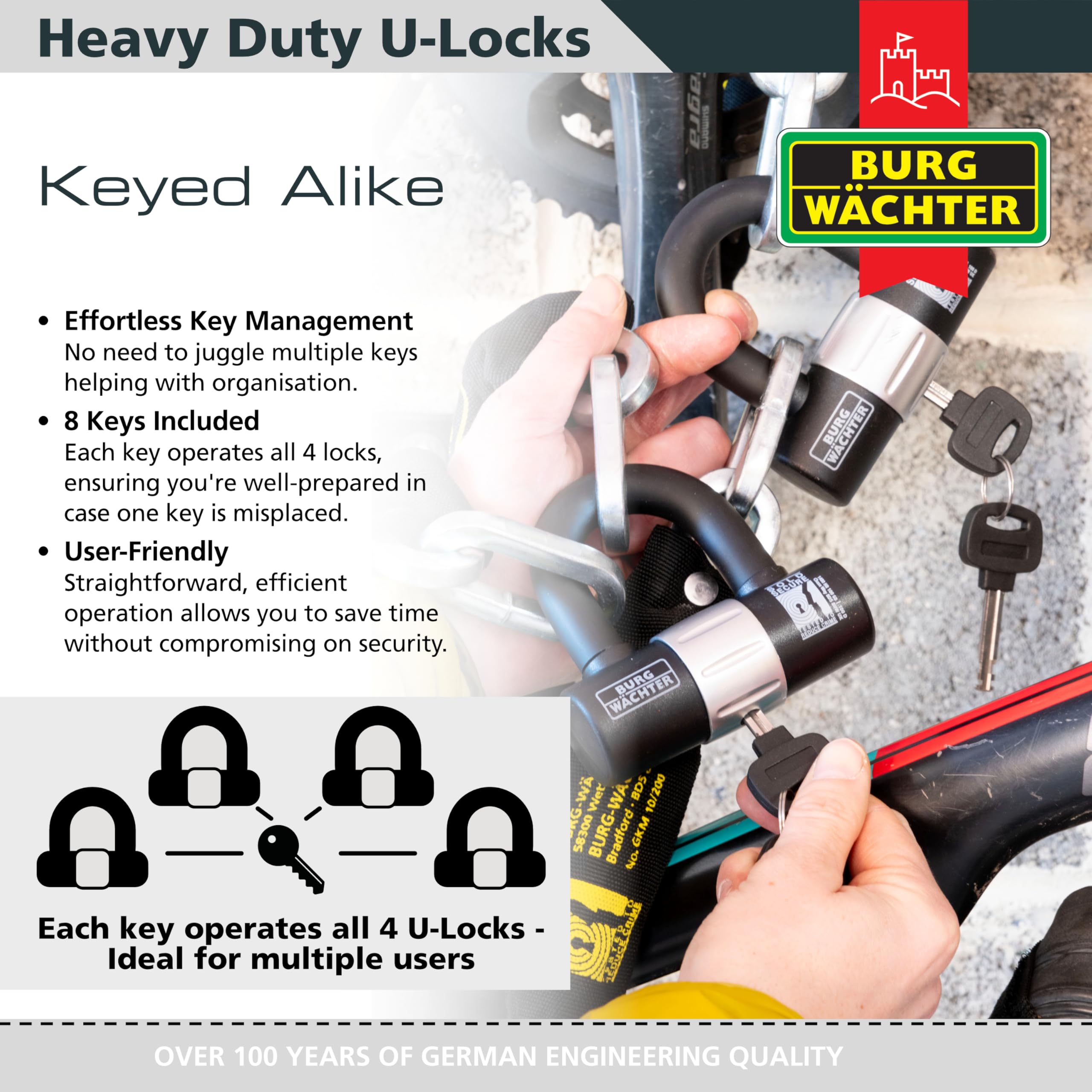 Burg Wächter 100D Quadra Sold Secure Gold Keyed Alike U Lock Quad Pack, Black, Quad Keyed Alike U Locks - Image 4