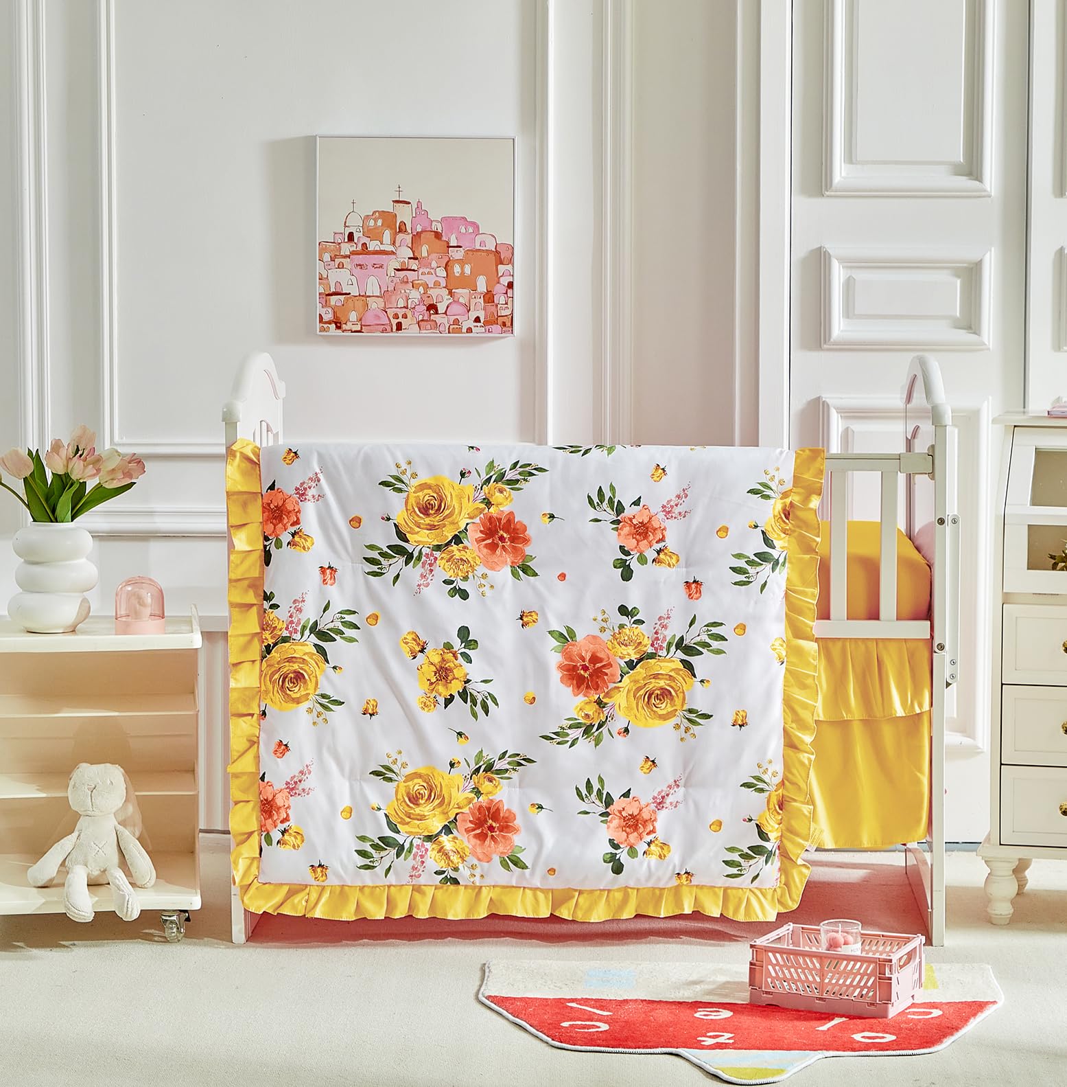 3 Pieces Flowers Crib Bedding Set Baby Ruffled Quilted Comforter with Fitted Sheet and Bed Skirt - Cute Ruffled Shabby Chic Baby Bedding Soft Blanket Floral Design