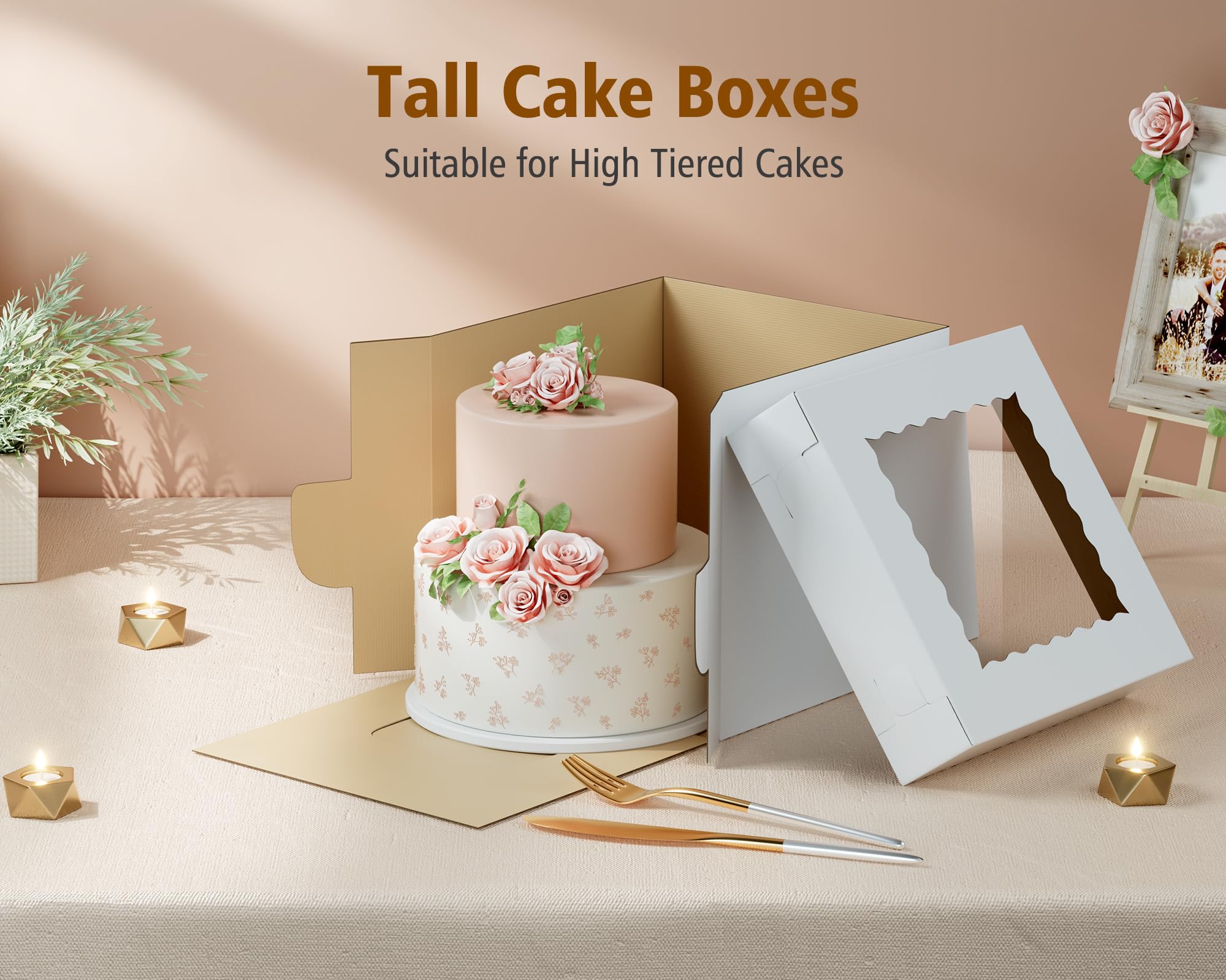 Scatole alte per torte a più livelli, 30,5 x 30,5 x 30,5 cm [confezione da 5] e 25,4 x 25,4 x 25,4 cm [confezione da 5], scatole per torte in cartone ondulato con finestra, scatole per torte nuziali
