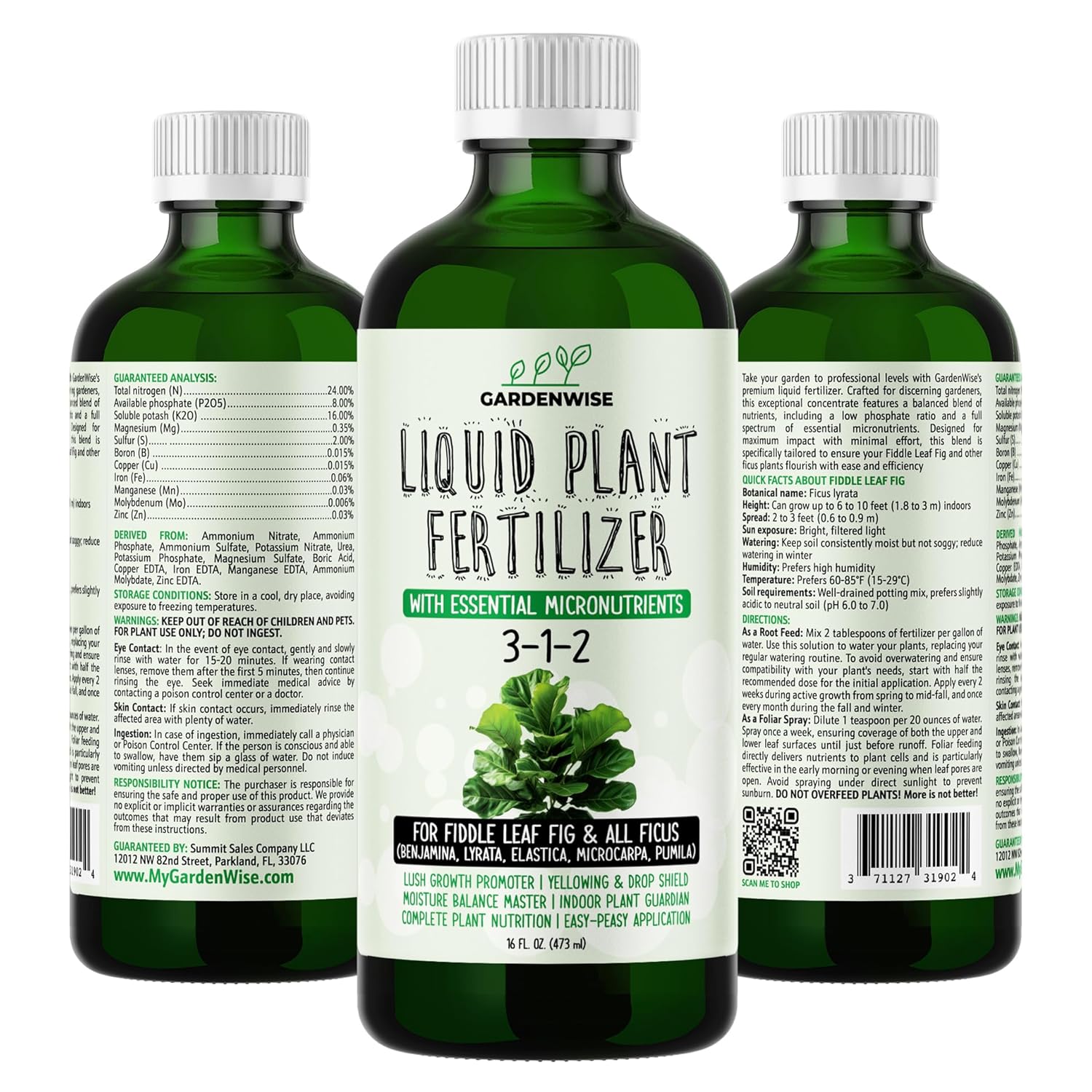 GARDENWISE 3-1-2 Liquid Fertilizer Concentrate with Micronutrients - Optimal Fiddle Leaf Fig Plant Food, Ideal for Ficus Lyrata & Fig Trees, Gold Leaf Enhanced Indoor Plant Fertilizer (32 OZ)