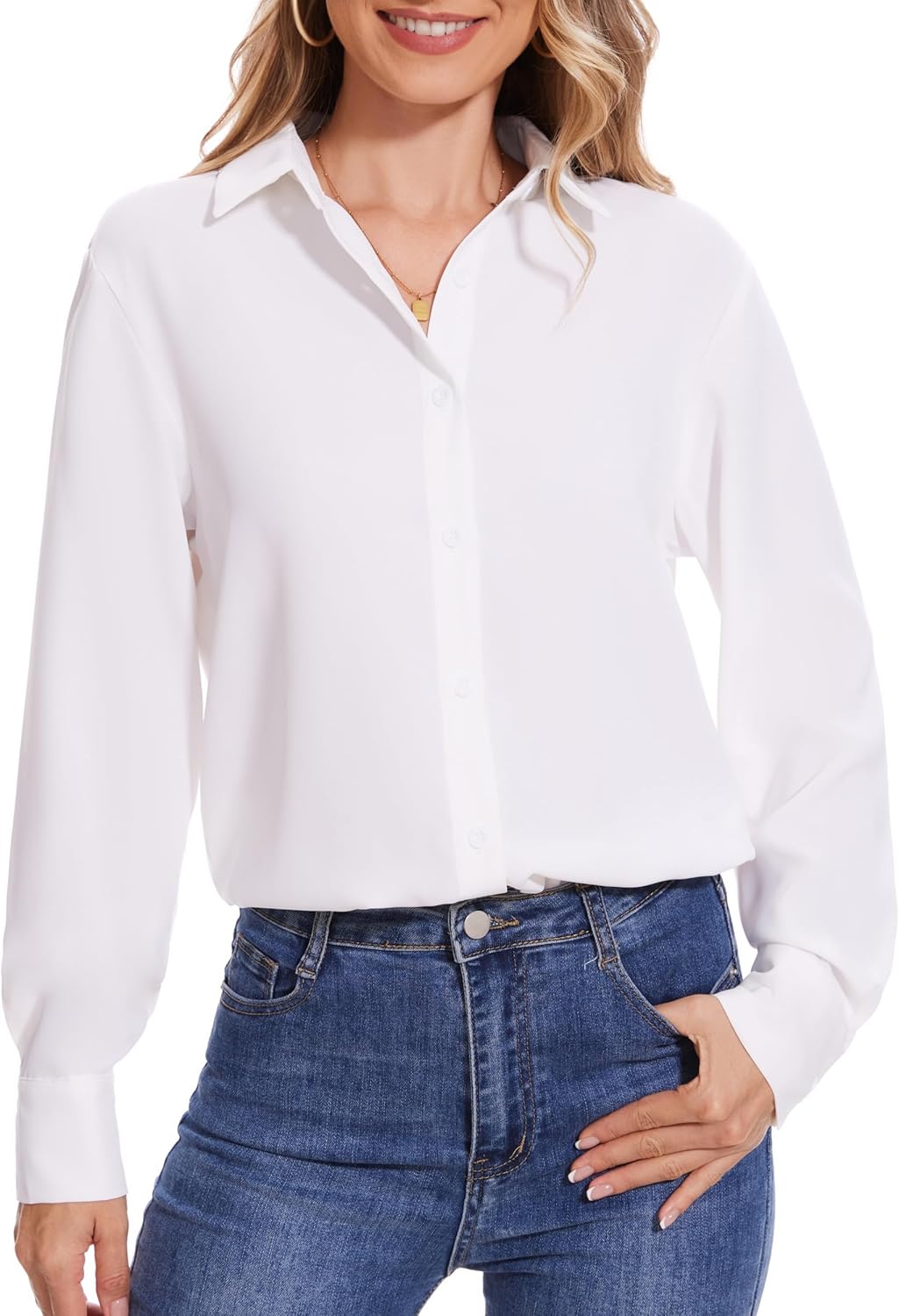 YAMANMAN Women's Button Down Shirts Casual Long Sleeve Stylish Collared Blouses V Neck Work Office Tops