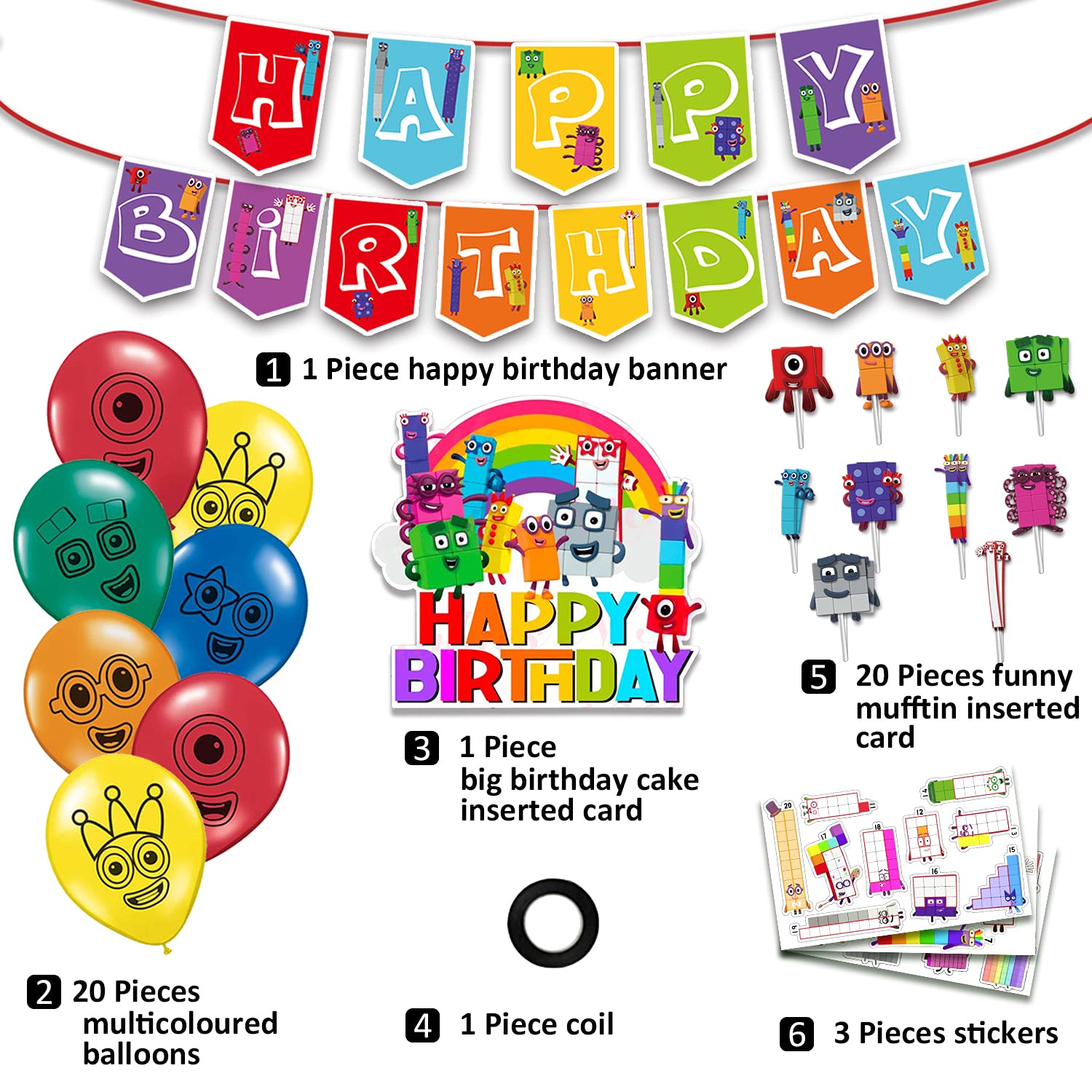 YAYJOY Numberblocks Party Decorations Numberblocks Stickers,Cake Toppers,Balloons,Party Banner,Home Decoration for Kid's Birthday Party