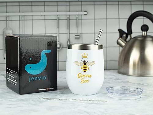 Miniatura 2 de JENVIO Regalos temáticos de abejas, Queen Bee, vaso de vino y café de acero inoxidable blanco de 12 onzas, incluye tapa, decoración para amantes de