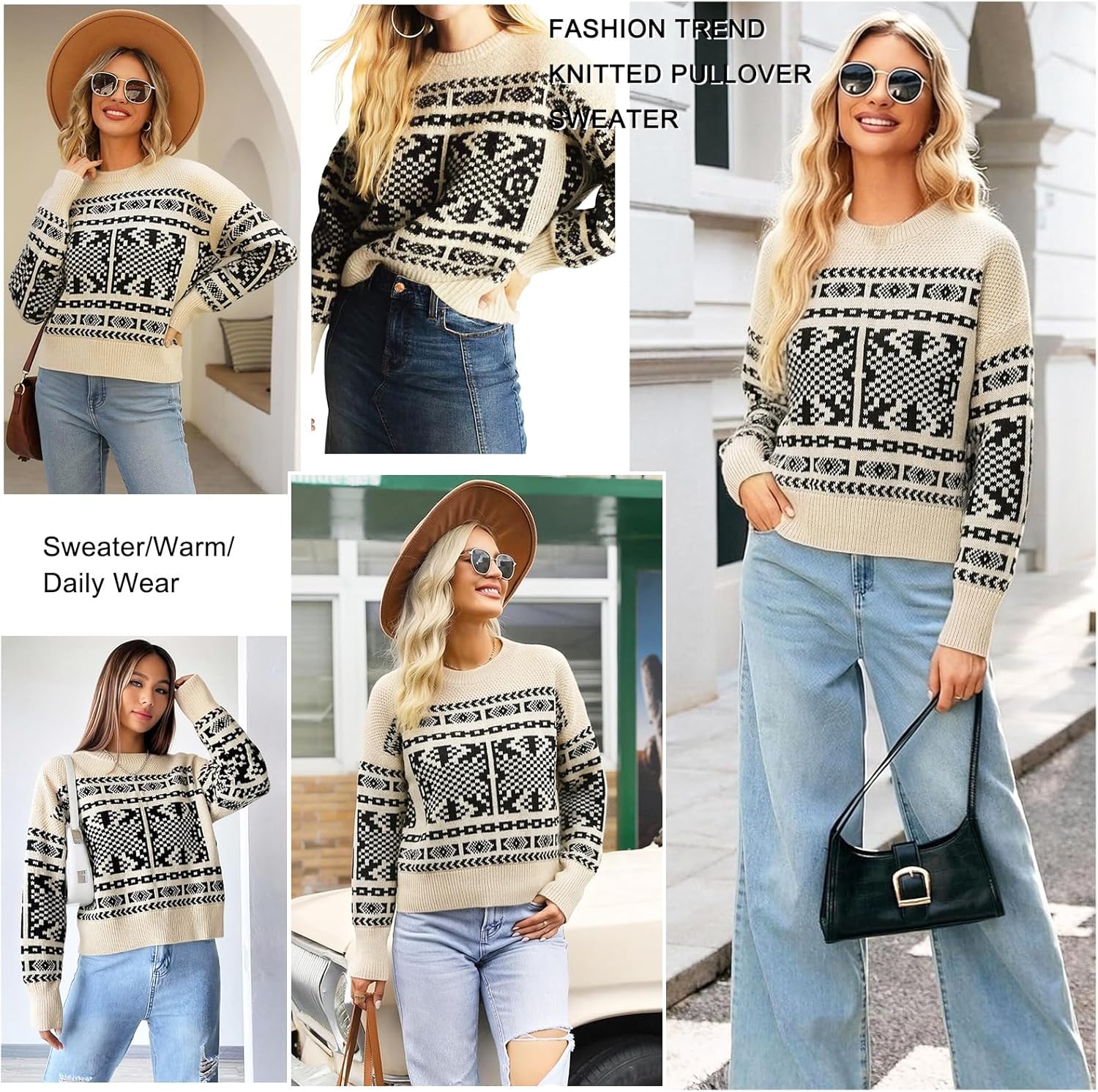 Danny D Women Chunky Crochet Knitted Pullover Sweater Long Sleeve Loose Cable Knit Outerwear Tops Fair Isle Sweater - Image 5