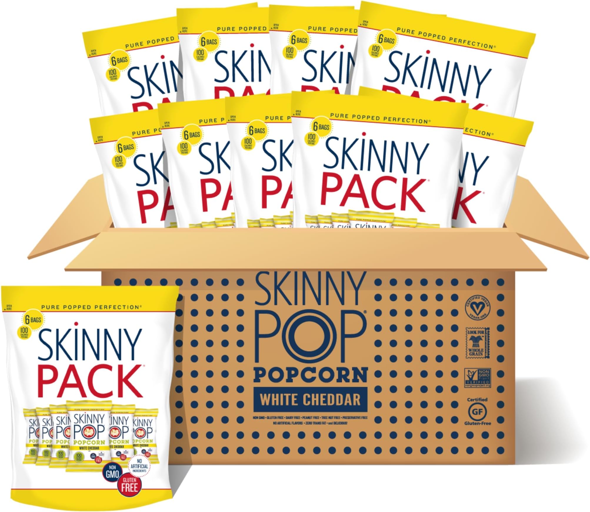 SkinnyPop White Cheddar Popcorn, Skinny Pack, Gluten Free, Non-GMO, Healthy Popcorn Snacks, Skinny Pop, 0.65 oz Individual Snack Size Bags, 10 Packs (6 Bags per Pack)