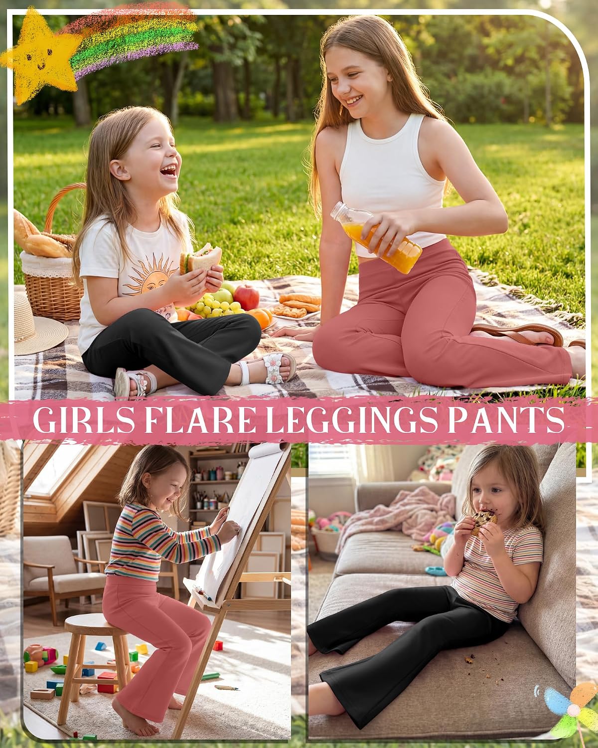 Xaatren 3 Pack Girls Flare Leggings Elastic Waist Bell Bottoms Slim Fit Kids Yoga Dance Pants Age 5-14 Years