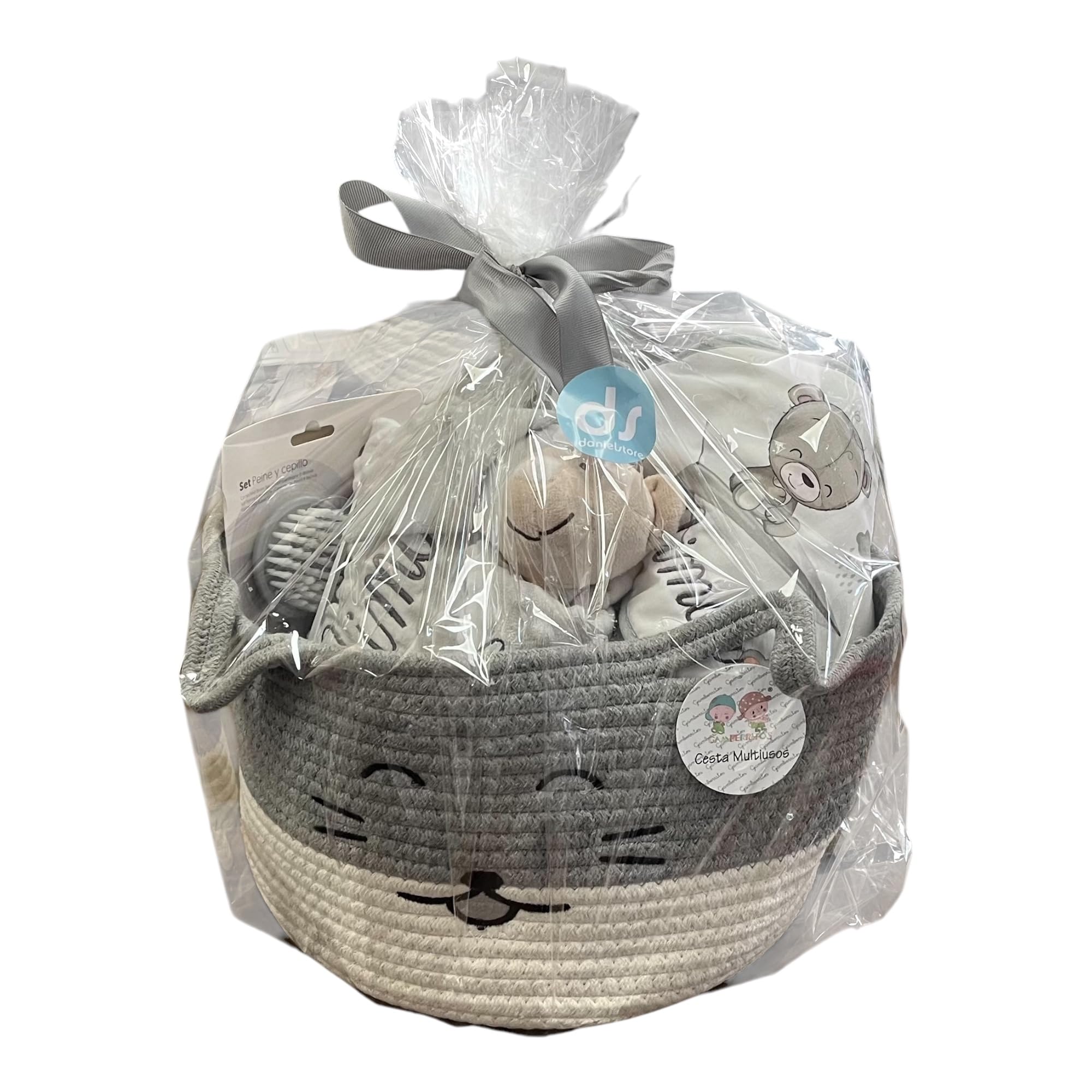 Danielstore Canastilla Bebé Personalizada | Set Regalo para Recién Nacido, 50% algodón 50% poliéster | Incluye manta, dou dou, toalla baño, babero Cat gris
