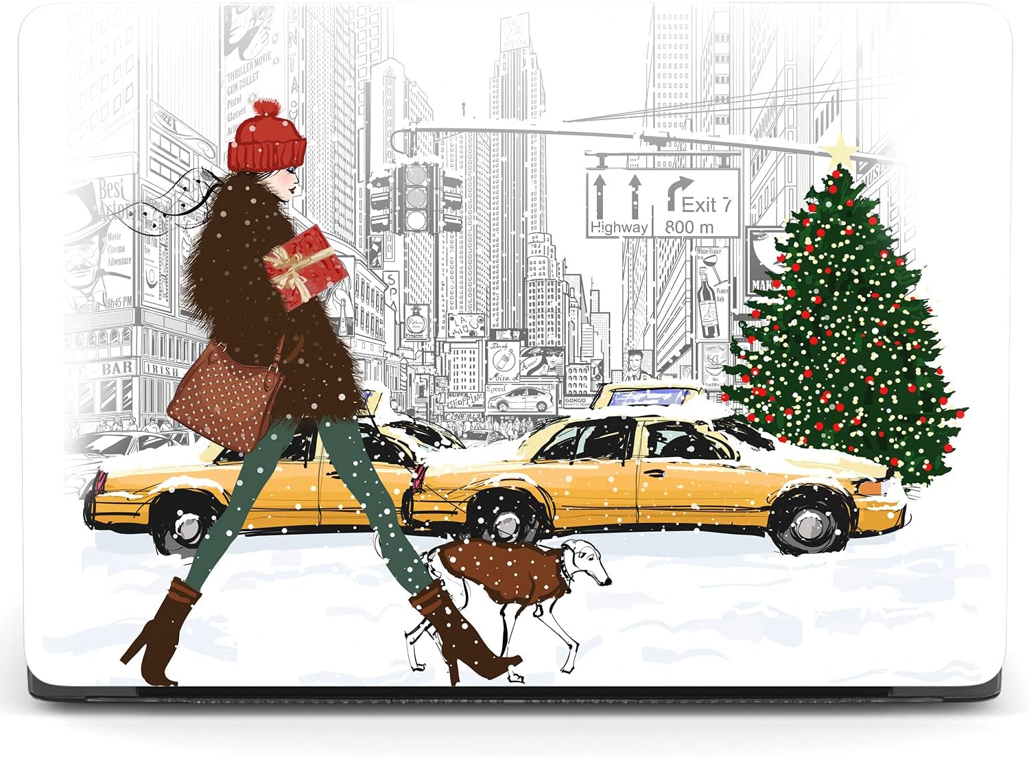 Mertak Hard Case Compatible with MacBook Pro 16 14 Air 15 13 inch M3 M2 M1 Mac 2024 2023 2022 2018 Christmas Woman Brandy Dog Print Clear Snowy Street Winter Protective Plastic Touch Bar Laptop