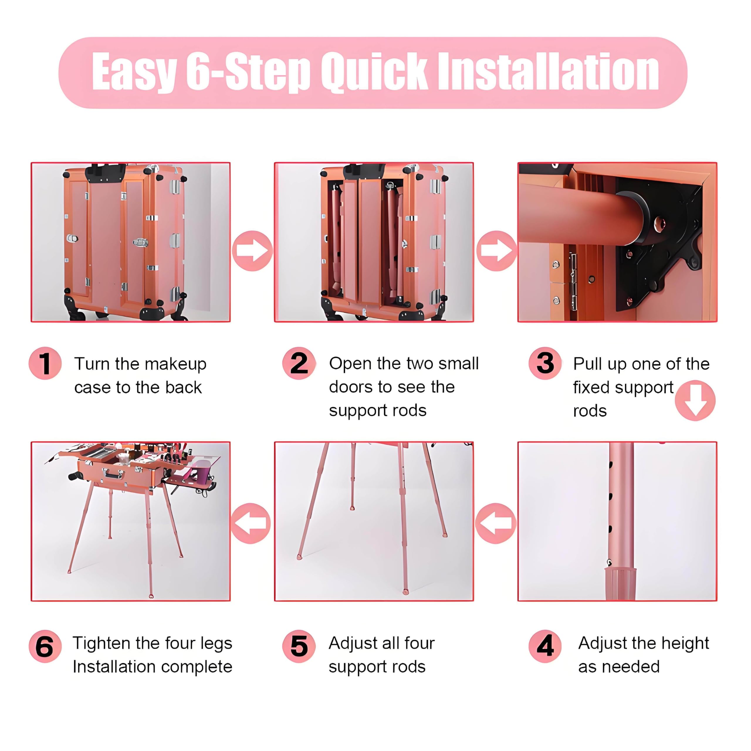 Tavolo da Trucco Professionale con Ruote, Portatile, Pieghevole, Supporto Nascosto e Ruote, Valigetta per Il Trucco Multifunzionale, Adatta a Truccatori Ed Estetiste, con Luce LED Pink