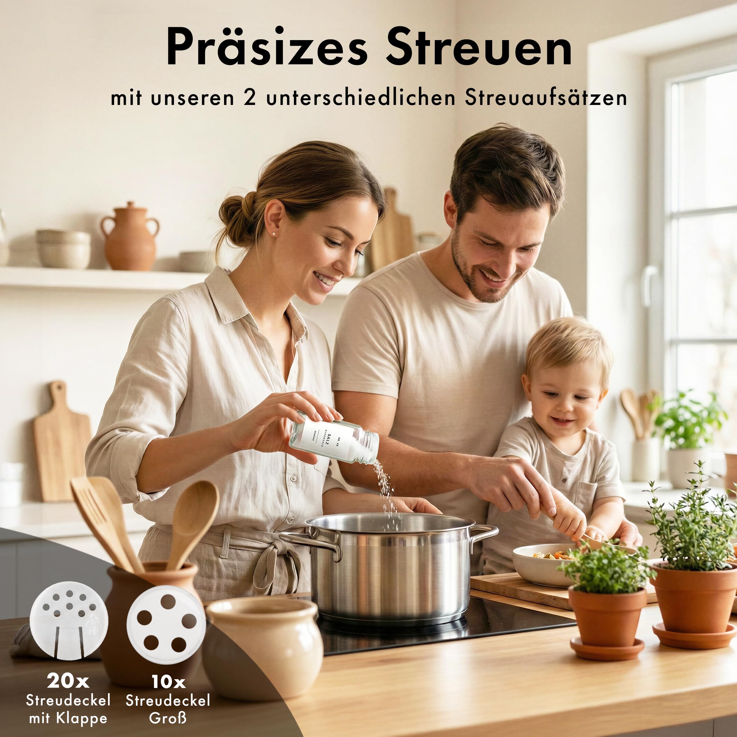 EDELHAUS Gewürzgläser Eckig Set mit Bambusdeckel (24 x 120ml) Gewürzstreuer mit Streueinsatz und 240 Etiketten Weiß - Holzdeckel Gewürzbehälter, Gewürzdosen, Gewürze organizer [11cm x 4,5cm]