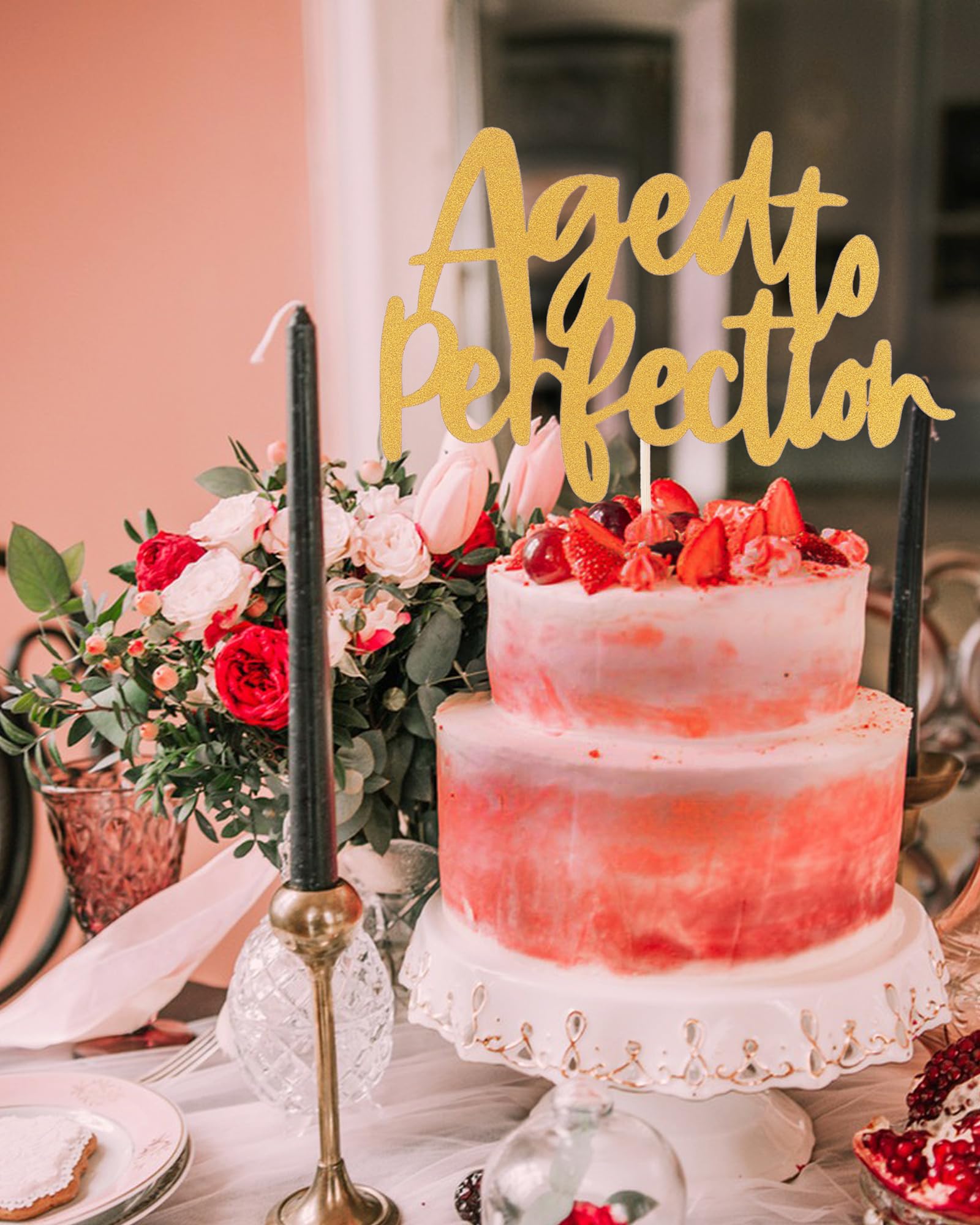 Cake Topper "Aged To Perfection" Con Glitter Dorato - Decorazione Per Torta Pensionamento, Compleanno, Anniversario, Vino