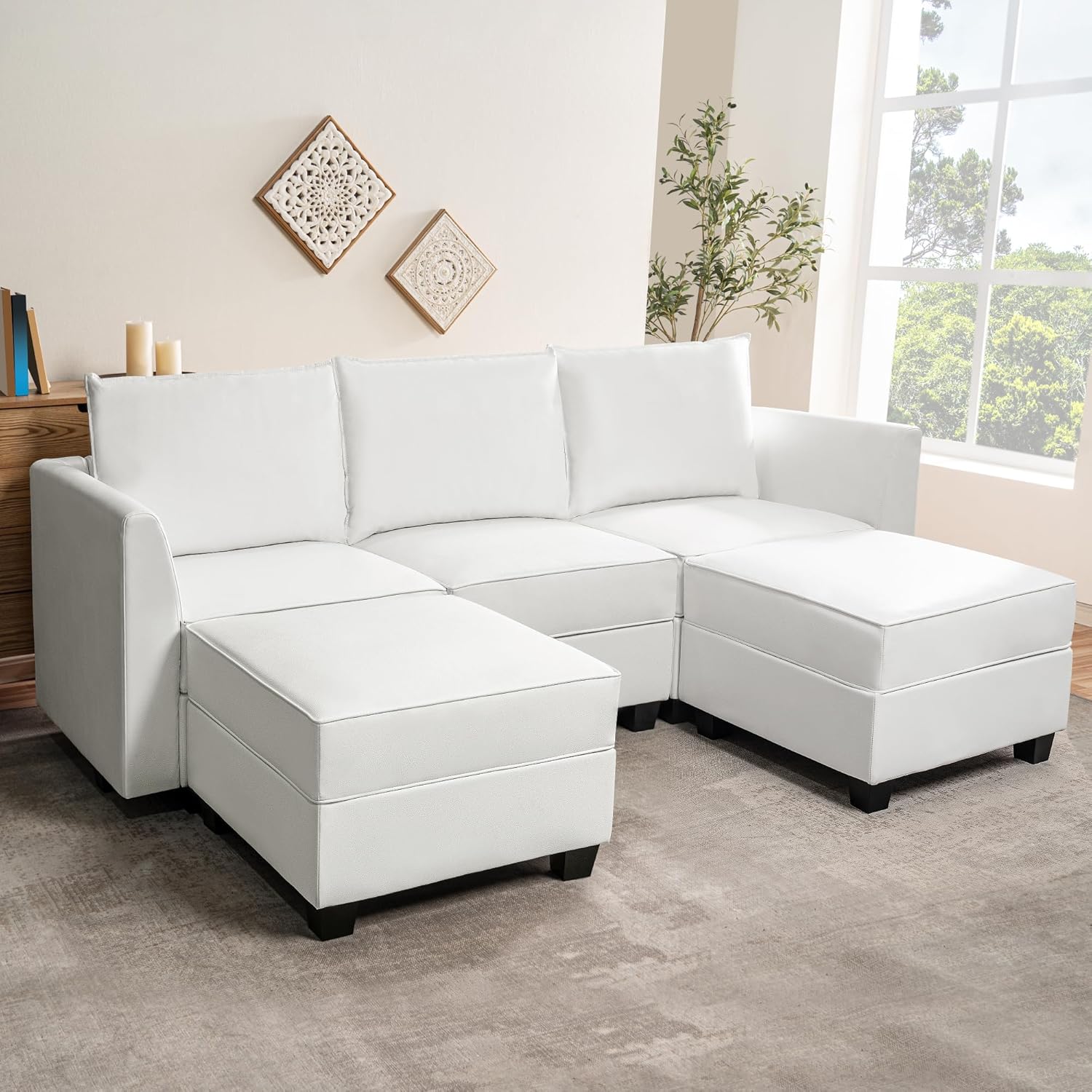 Naomi Home Modular Reversible U-Shaped Sectional Sofa with Double Chaise and Ottomans, Elizabeth Air Leather Couch with Storage Seats, White
