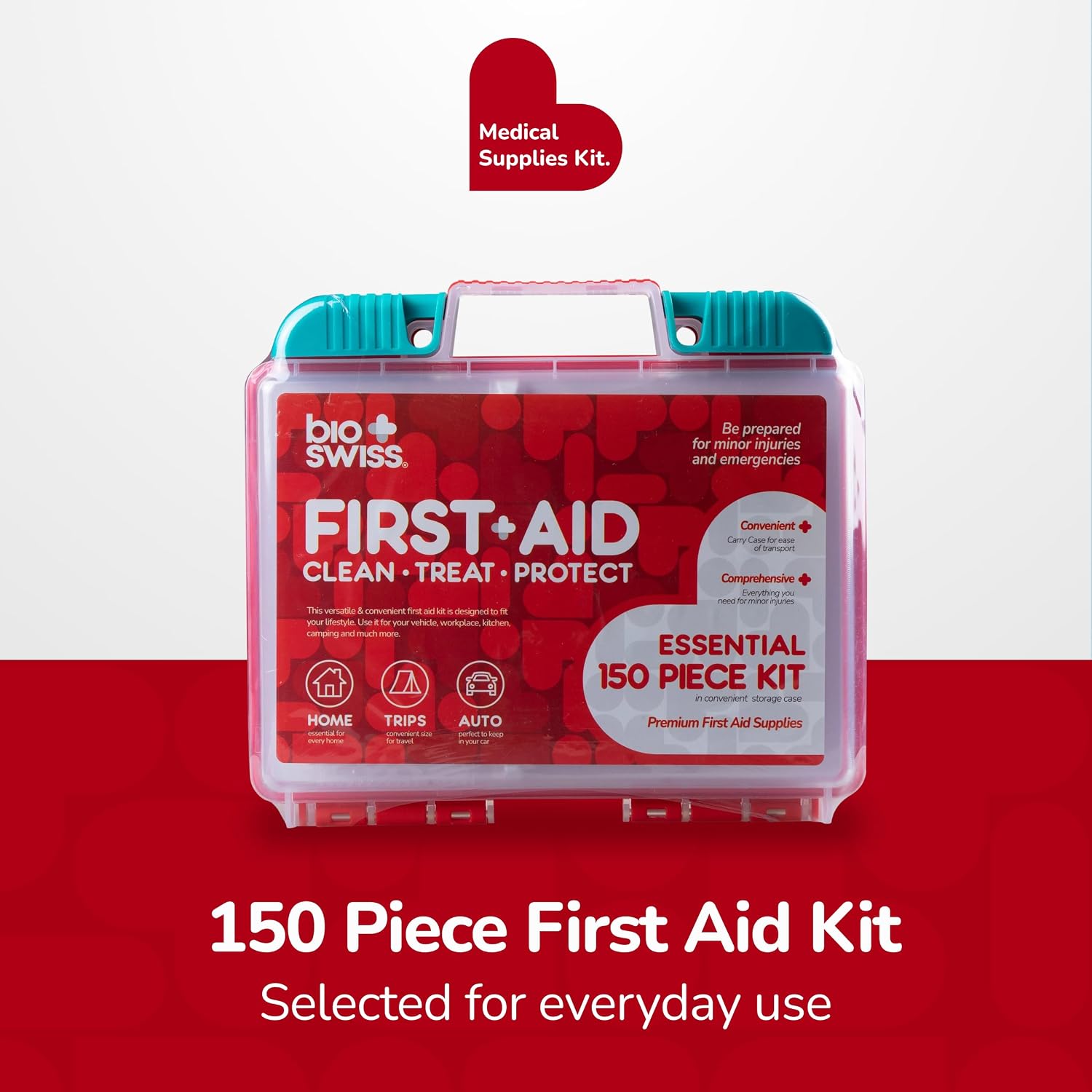 BioSwiss First Aid Kit, 150-Piece Emergency Medical Supplies Kit with Storage Case for Home, Car and Travel