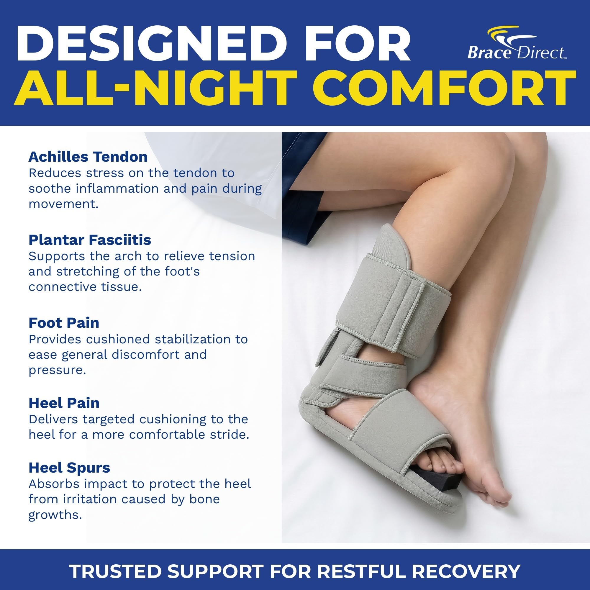 Férula nocturna acolchada de 90 grados inmovilizante para dormir botas de recuperación para fascitis plantar, pie caído, inflamación de Aquiles, espolones del talón y más por Brace Direct