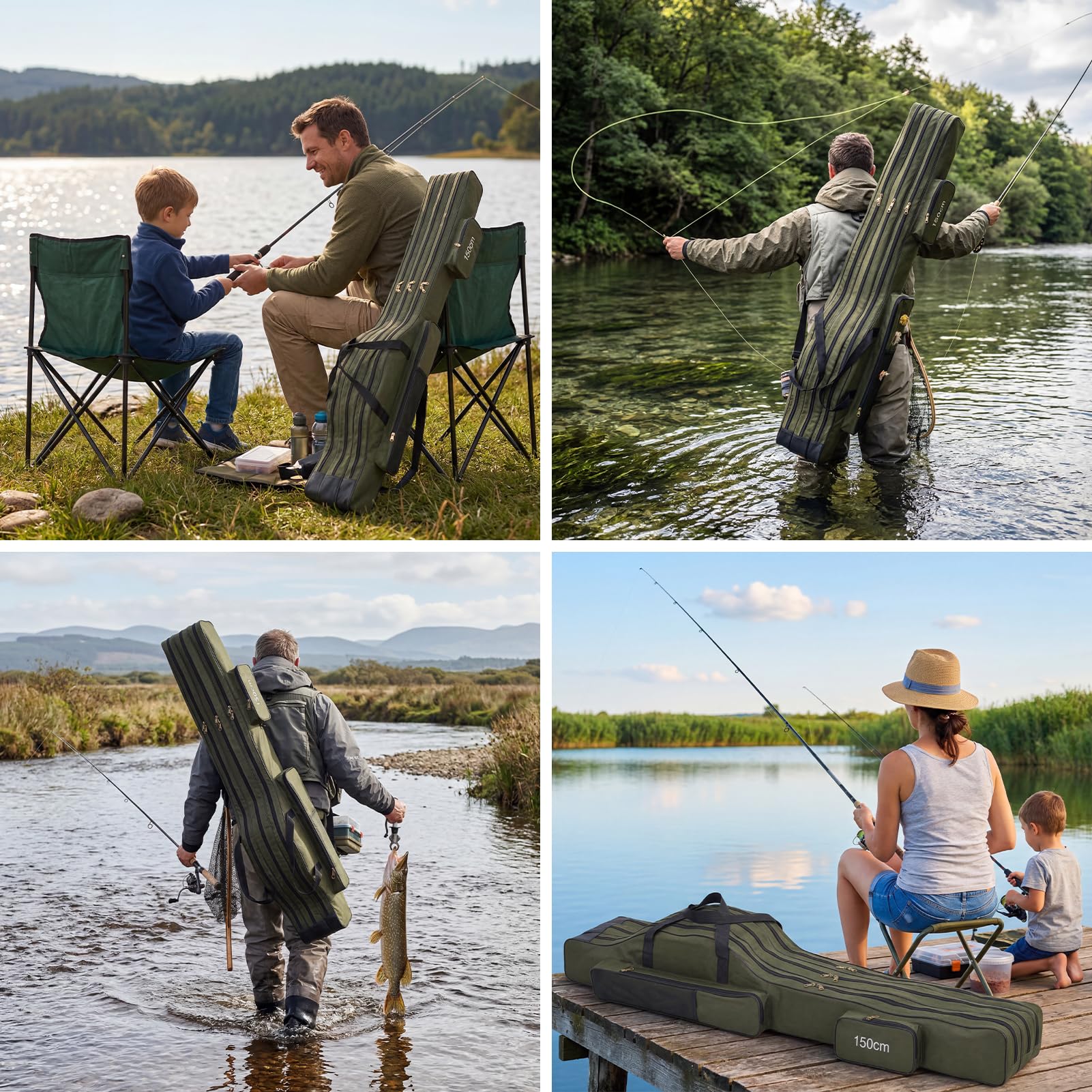 Angelrutentasche Angeltasche Rutentasche Rod Case mit 3 Fächern für Outdoor-Angelruten, 150cm Faltender Angelrute Tasche, Angelrute Werkzeuge Aufbewahrungstasche, Tragbare Angelgerät Tasche (Grün)