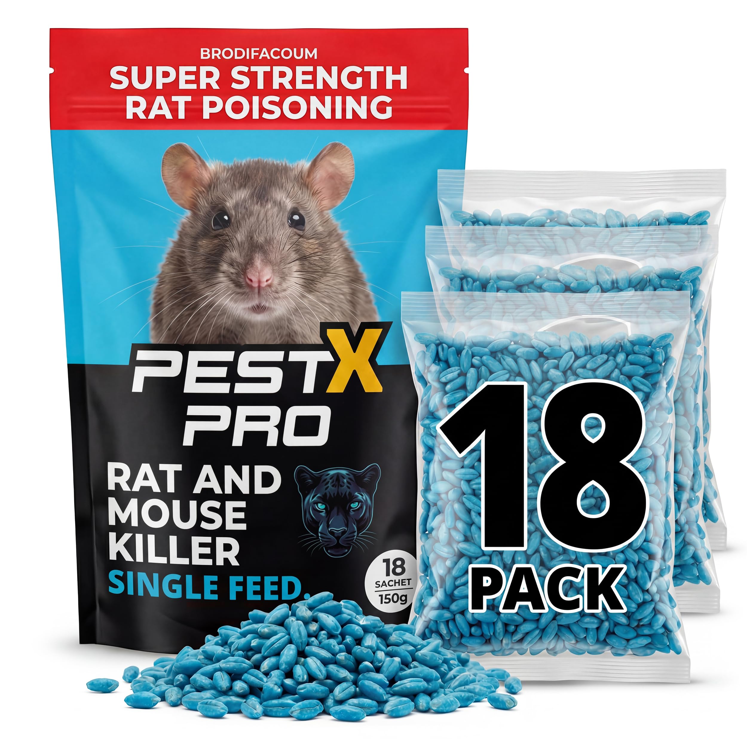 Pest X Pro Predator Rat Poisoning Super Strength (18 Pack) - Powerful Single Feed Rat Killer & Mouse Poison - Brodifacoum in Easy To Use Sachets - Indoor & Outdoor Rodent Control — image 1