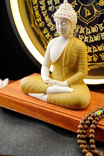 Miniatura 3 de Houlu Estatua de Buda azul y lámpara de mesa LED circular estatua de Buda de cerámica para decoración del hogar