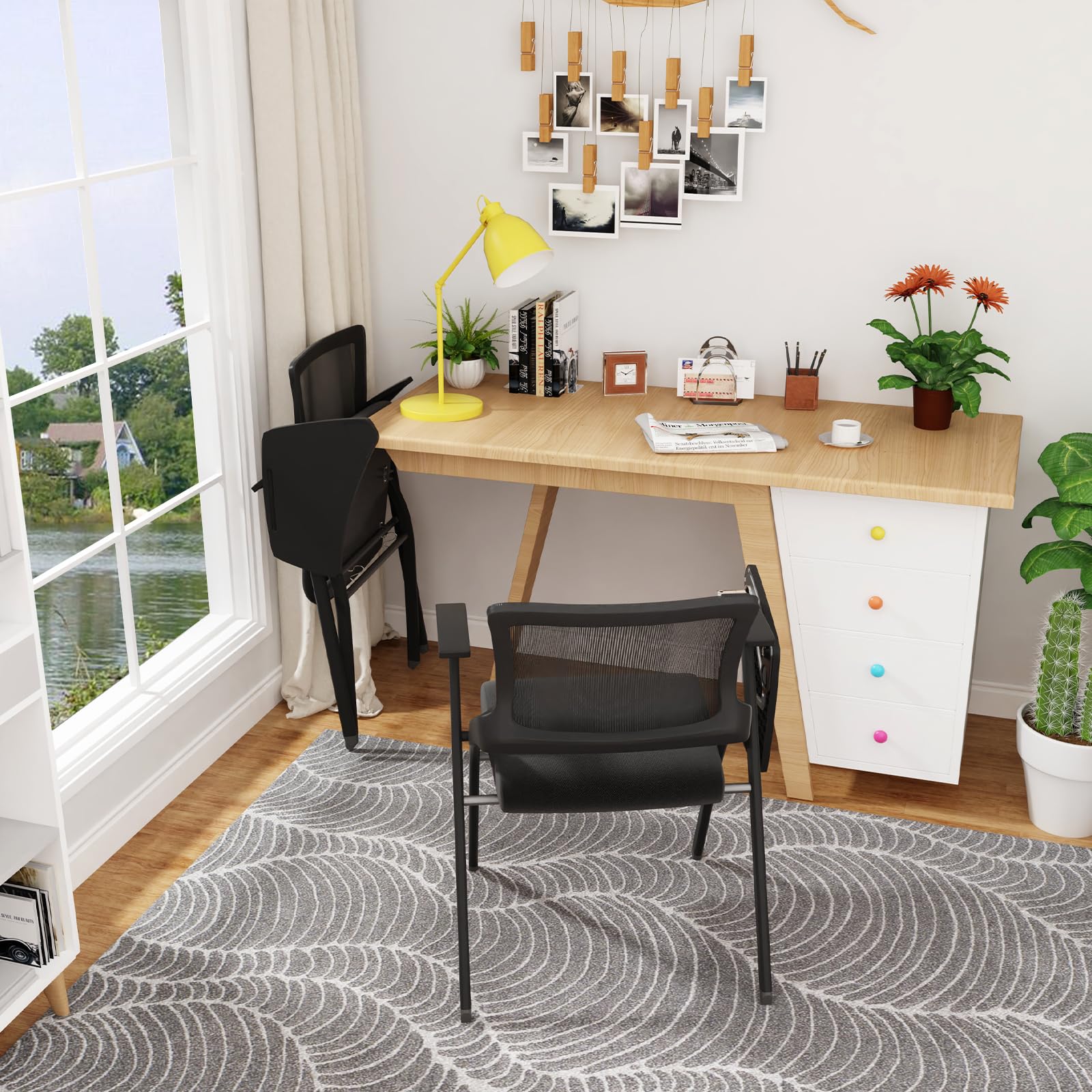 3 Stück Büro-Klappstuhl mit Tablett, Stoff gepolsterte Klappstühle, klappbarer Esszimmerstuhl, Bequeme Klappstühle für Küche, drinnen, draußen, Büro, Schwarz