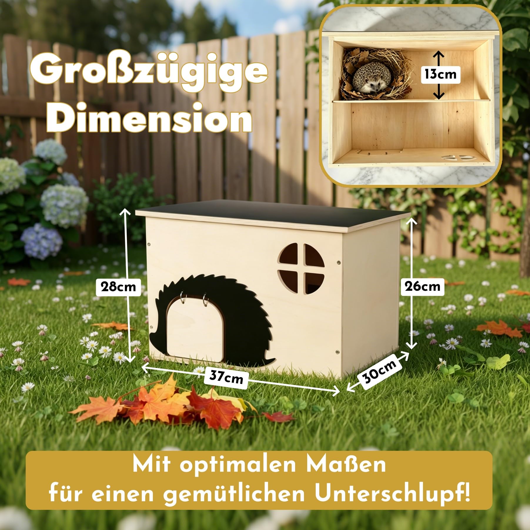 Igelhaus Groß mit Rattenklappe und Labyrintheingang Winterfest, Holz Igelhotel mit Boden 37 x 30 x 28 cm, Igelhütte für Igel zum Unterschlupf & Winterschlaf