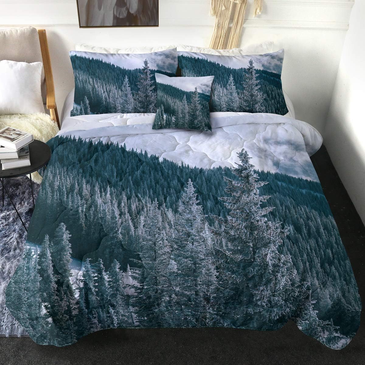 Sleepwish Pine Trees Comforter Set Full Size, Rocky Mountains Frosted Effect Landscape, 4 Piece Bedding Set with 2 Pillow Shams and 1 Throw Pillow Cover