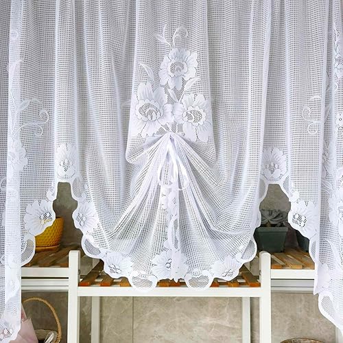 Miniatura 4 de 1 panel de cortina de encaje transparente con bordado floral blanco, cenefa de cortina de estilo princesa bordada en cascada para cocina, baño,