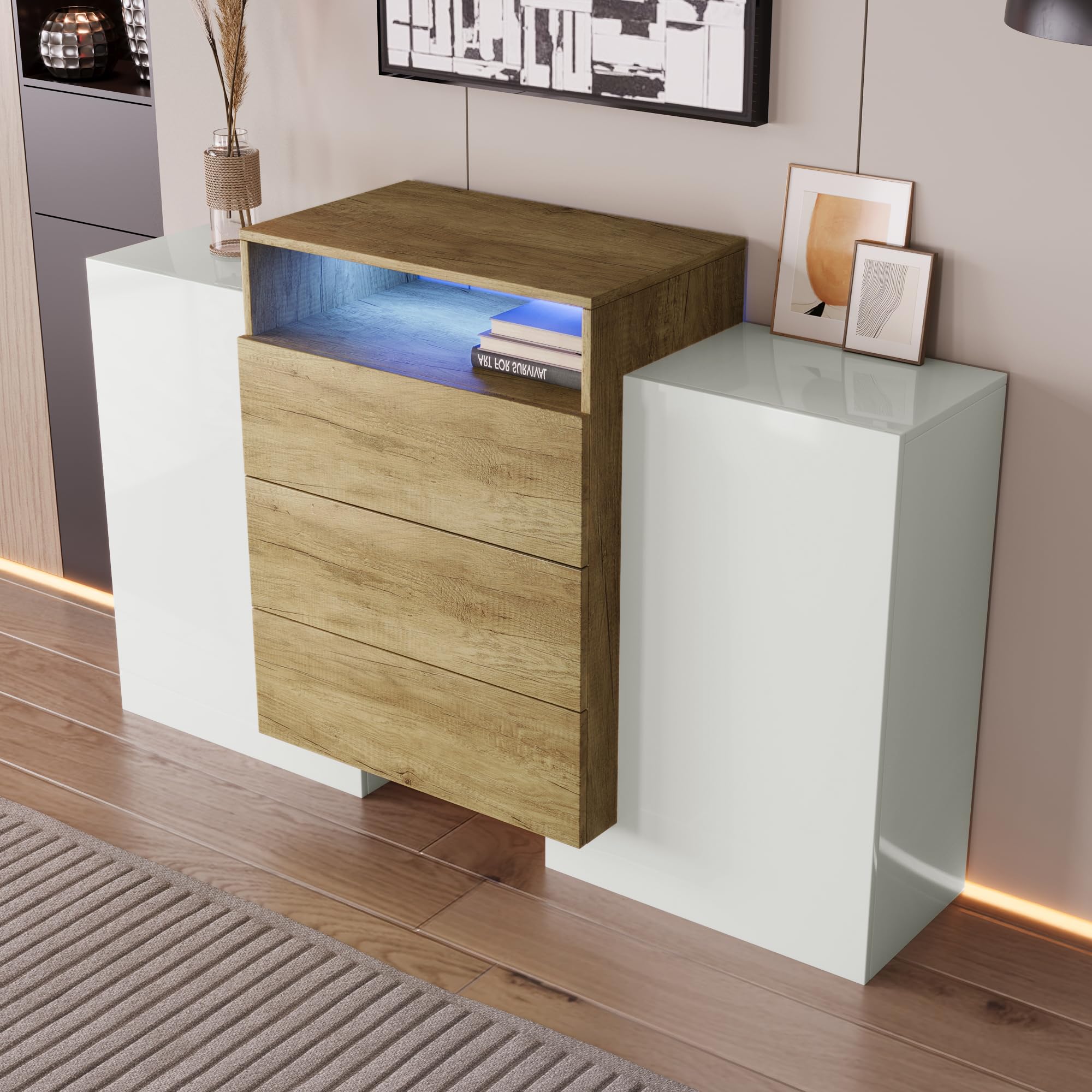 Azkoeesy Mueble de TV y Aparador - Conjunto de 2 Piezas para salón, con iluminación LED, Color Blanco Brillante y Natural, 200x35x60 cm + 140x30x77,5 cm