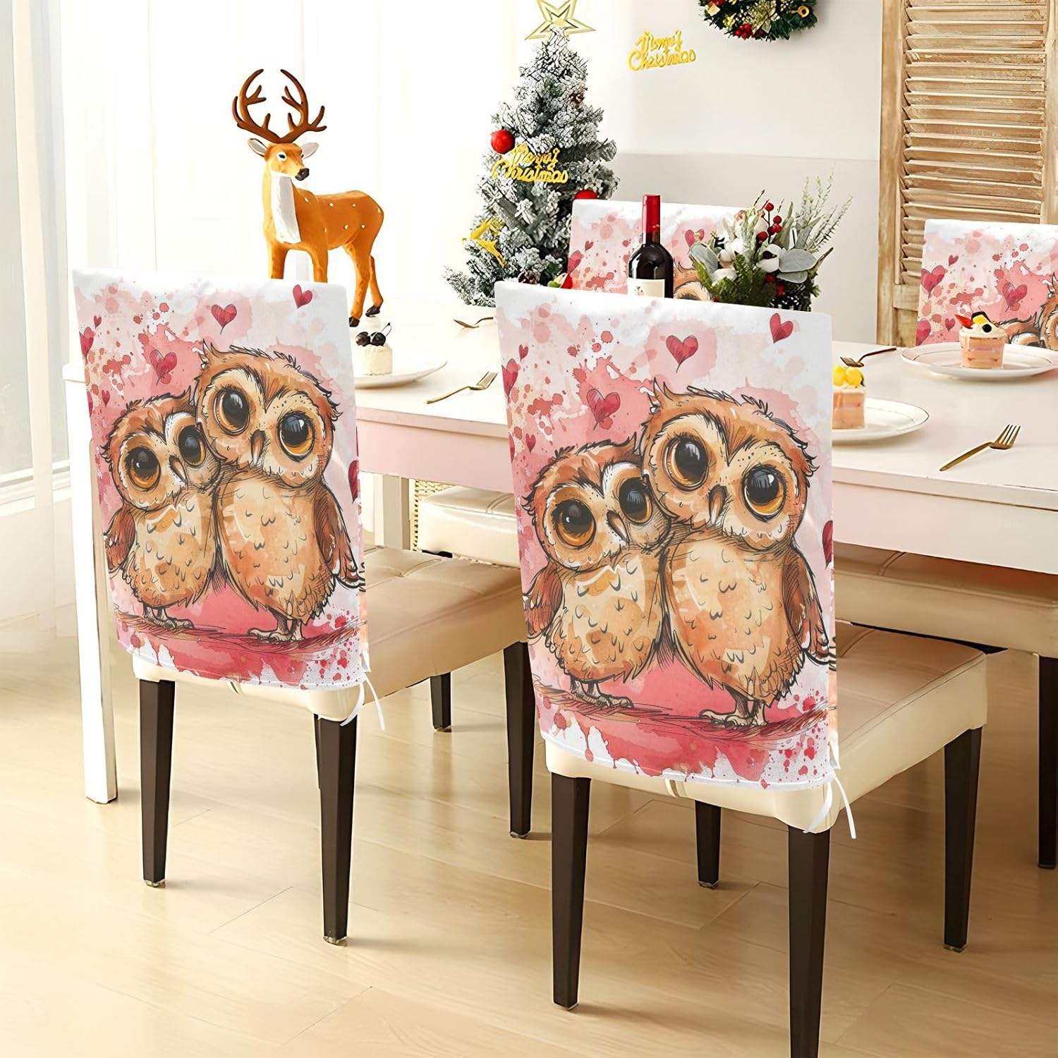 ALAZA Cute Romantic Owls Chair Back Cover Set of 6, Washable Reusable Removable Chair Slipcovers Decorative Chair Cover for Home Kitchen Wedding Party