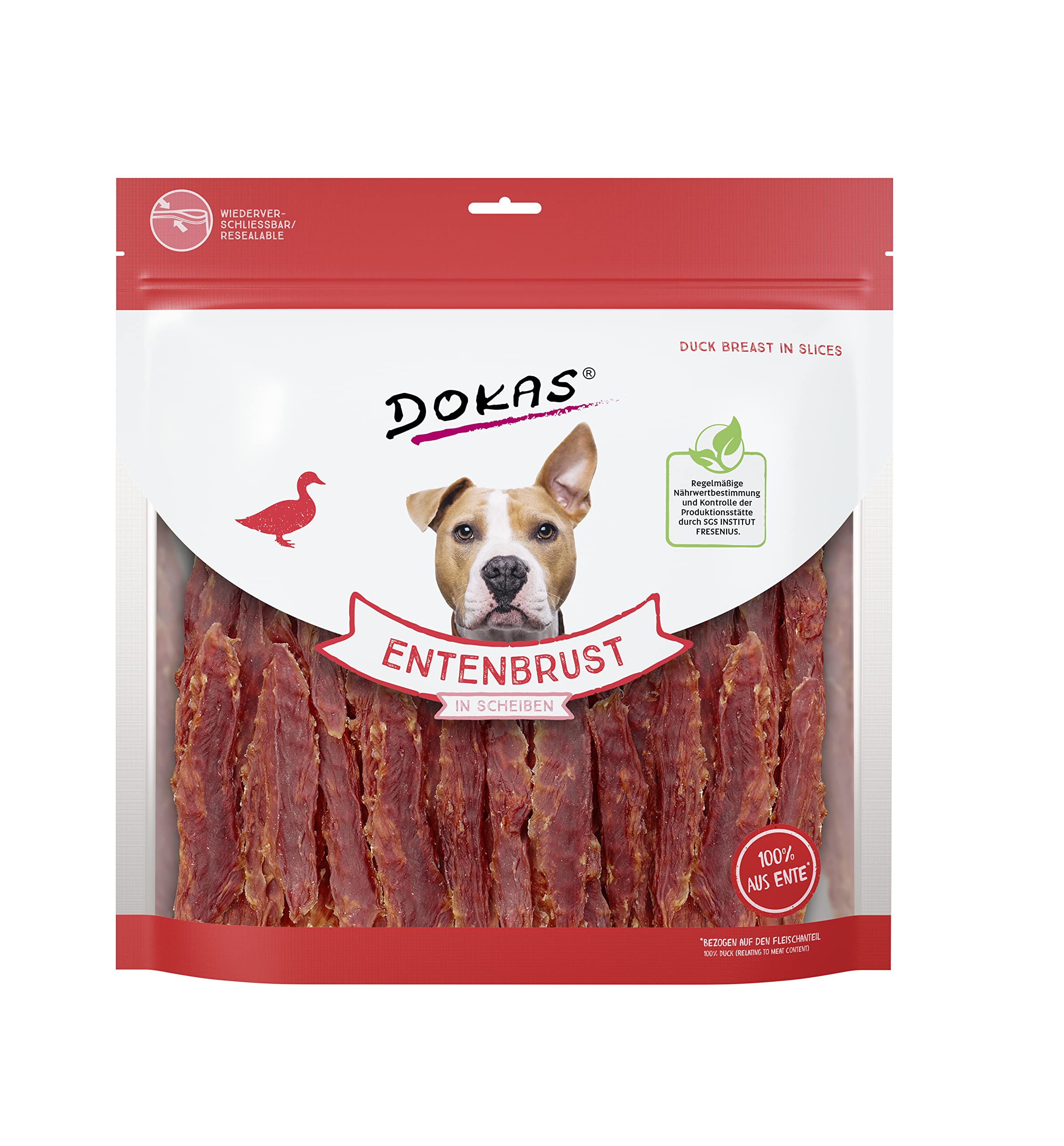 DOKAS Pechuga de Pato en rodajas – Snack Premium sin Cereales para Perros – Filete de pechuga de Pato – 1 x 900 g