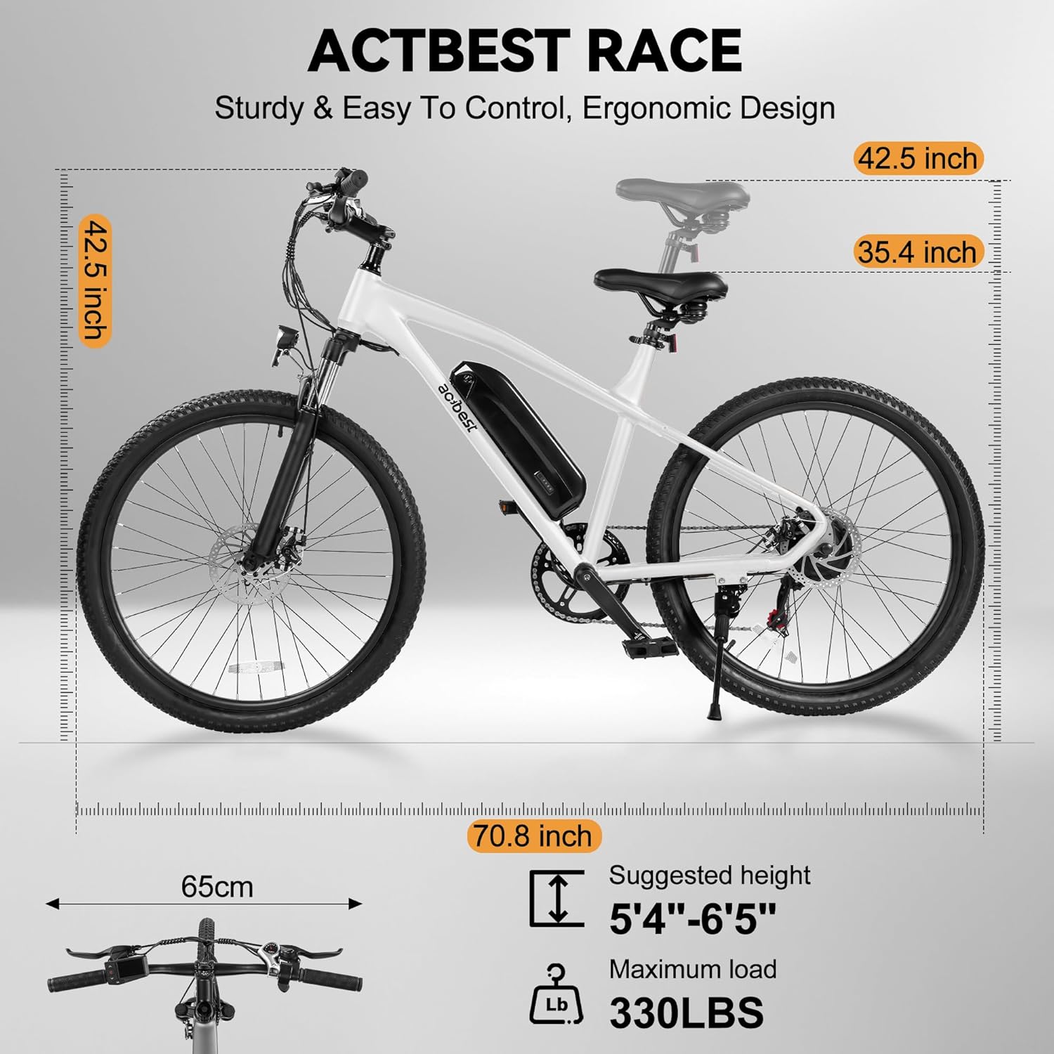 ACTBEST Race Electric Bike with detailed dimensions: 70.8 inches length, 42.5 inches height, 35.4 inches seat height, 65cm handlebar width. Suggested rider height 5'4"-6'5" and max load 330LBS.