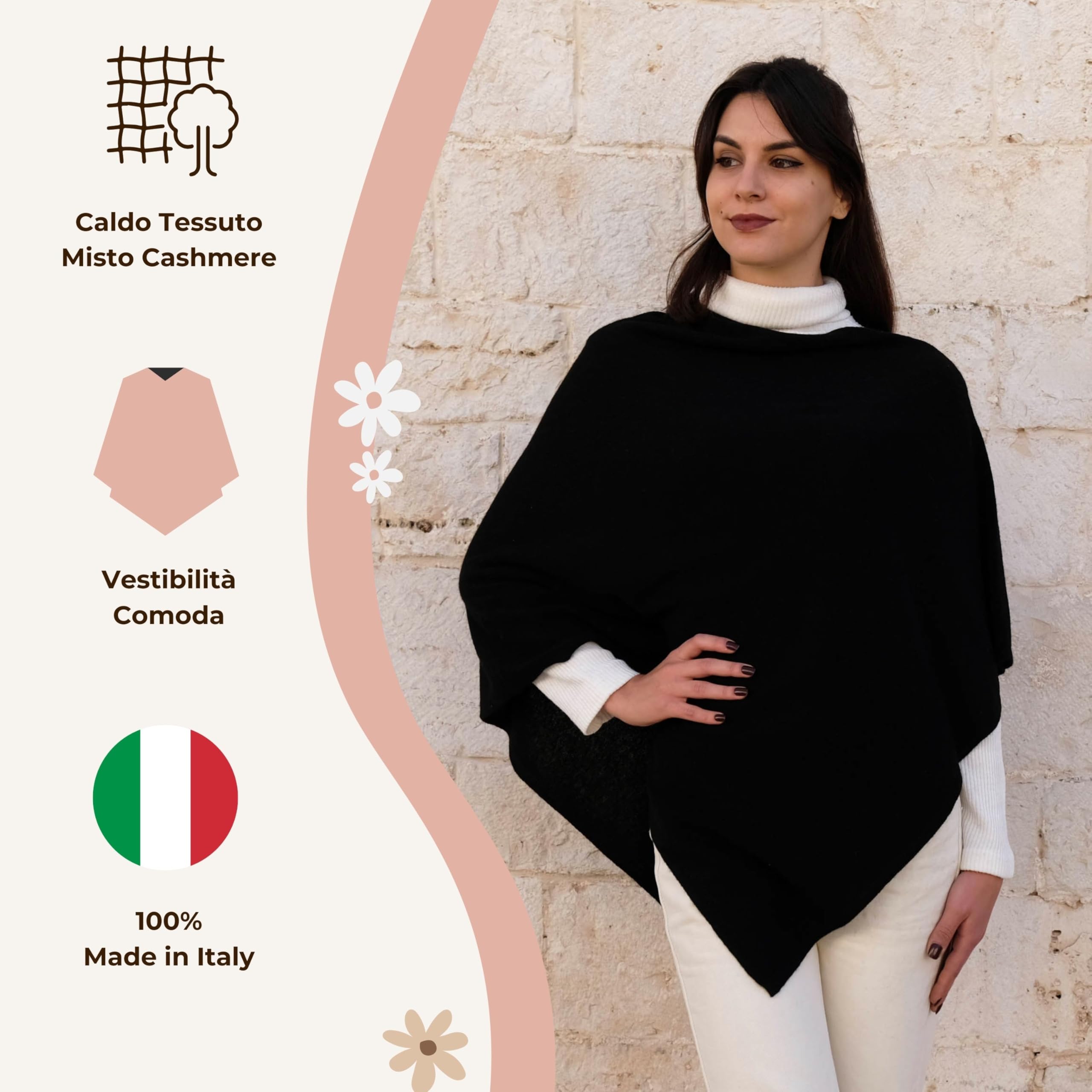 Poncho Mantella da Donna Invernale Made in Italy - Poncho Donna Caldo Misto Cashmere Lana e Viscosa