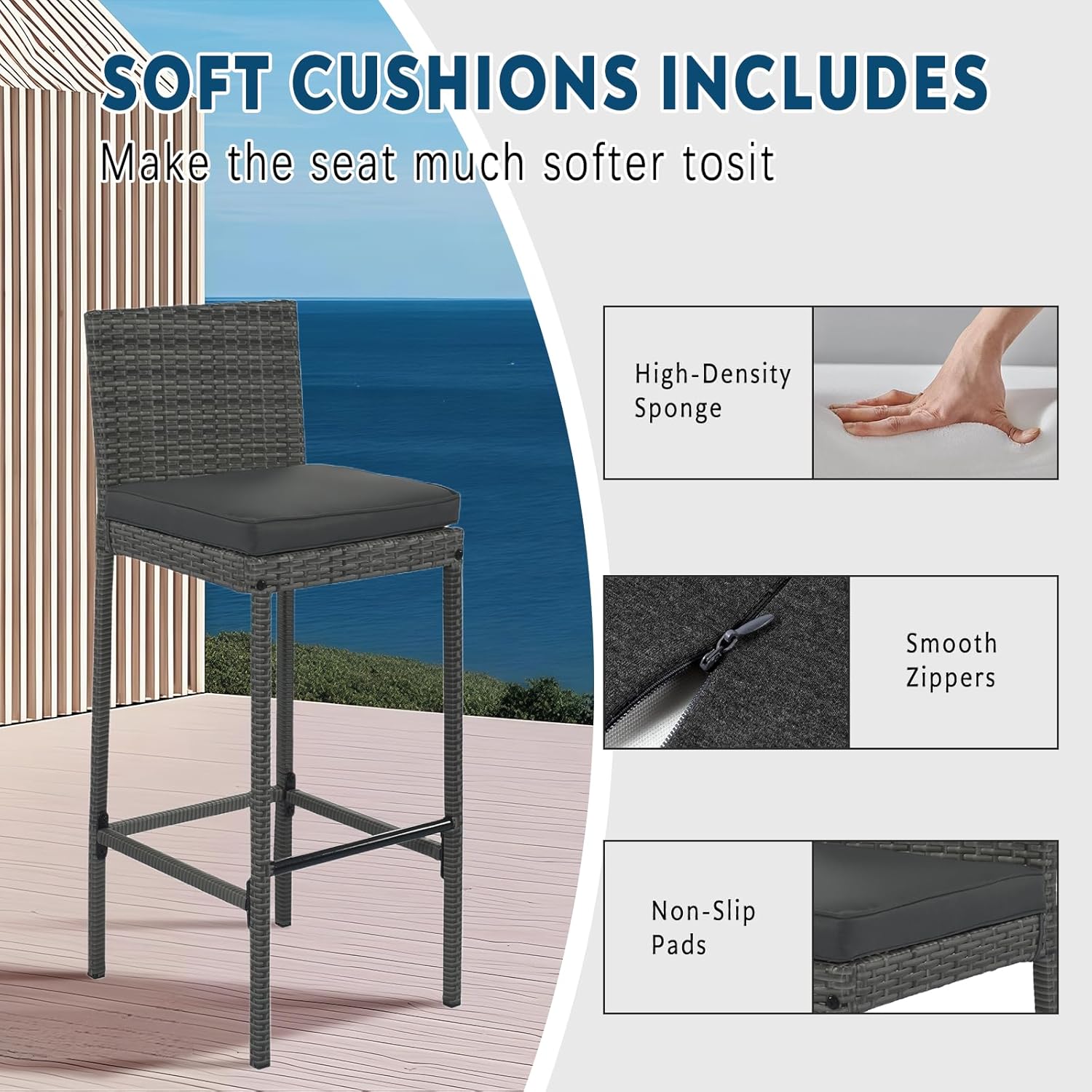 SoarFlash 5 Piece Rattan Patio Bar Set,Wicker Conversation Set Outdoor Furniture Set with Wood Desktop,4 High Stools,Dining Table for Poolside,Garden and Backyard,Grey