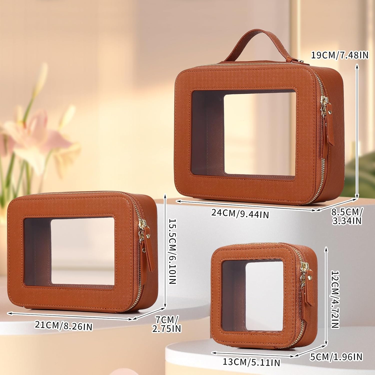 Pinkmik Clear Makeup Bag Waterproof Travel Case for Cosmetics and Toiletries Women's Purse Organizer and Clear Car Bag with Zipper (X/Brown, L+M+MINI) - Image 2